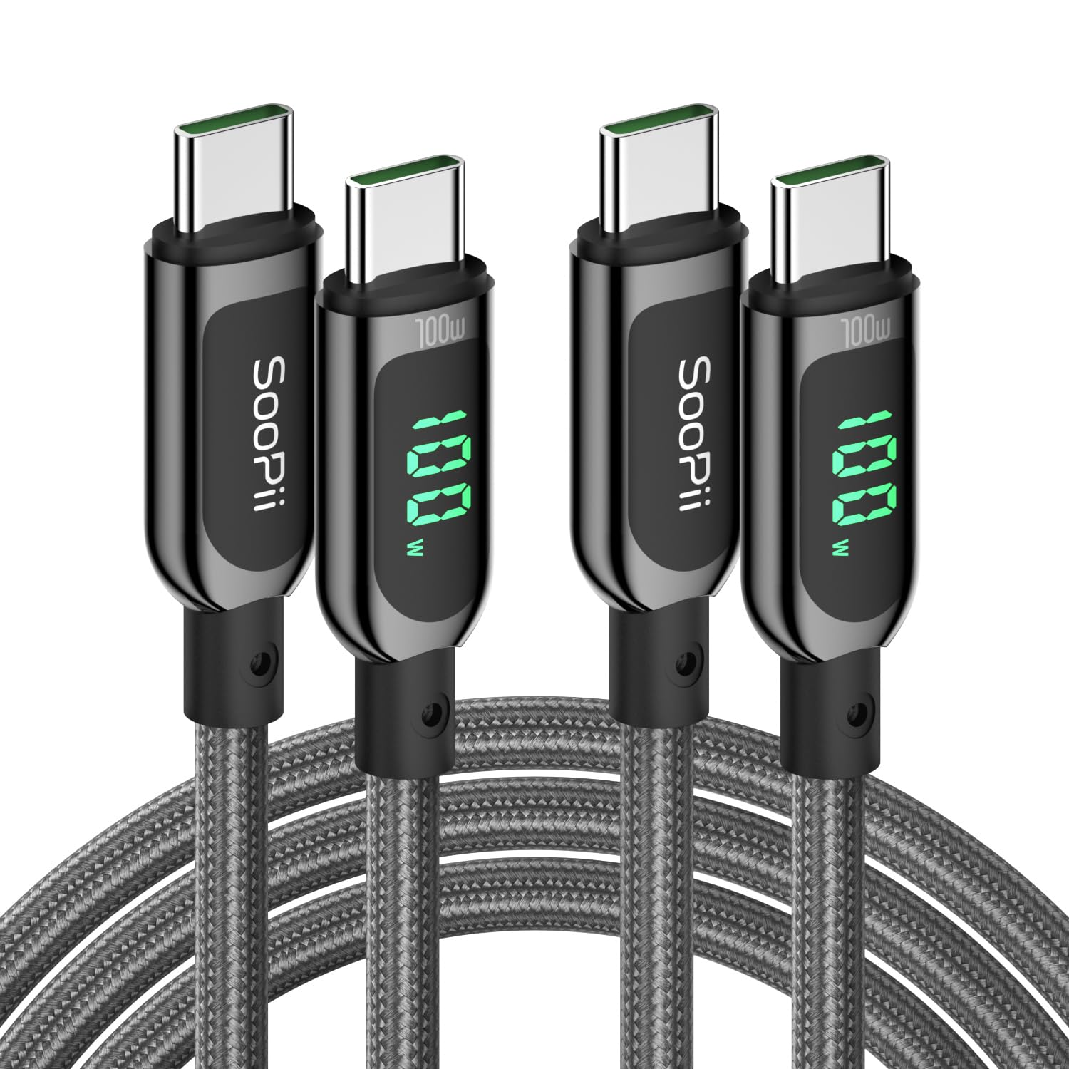 SOOPII Cavo USB C a USB-C da 100W, (1.2m,2Pacchi) cavo di ricarica rapida da,con indicatore LED, cavo di ricarica PD 5A Tipo C per lPhone 15/Pro Max,lPad Air,MacBook,Galaxy S24,Pixel(Grigio)