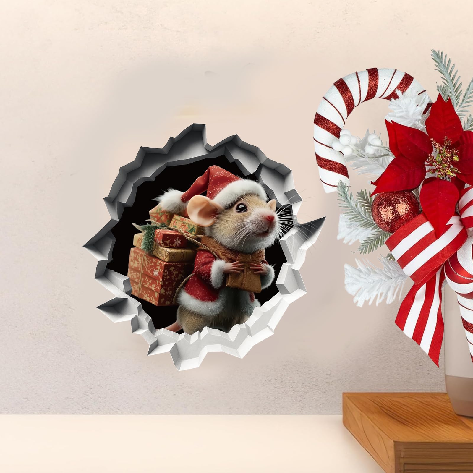 PLIGREAT 8 Pcs 3D Christmas Mouse Hole Wall Stickers, Removable Vinyl Peel and Stick Christmas Hat Wall Decals for Kitchen Bedroom Farmhouse Living Room Bathroom Playroom Corner Decoration