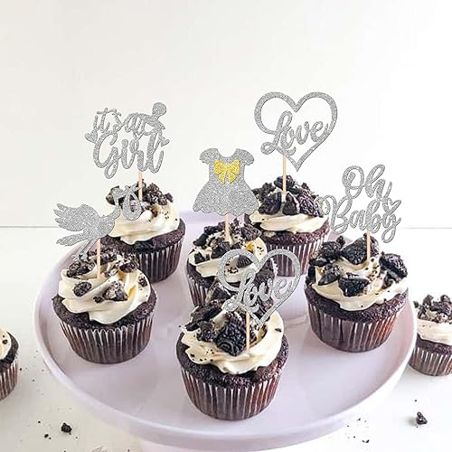 Miniatura 4 de 30 piezas de decoración de cupcakes para baby shower, con lazo con purpurina, diseño de corazón de amor, para cupcakes, "It's a Girl", decoraciones