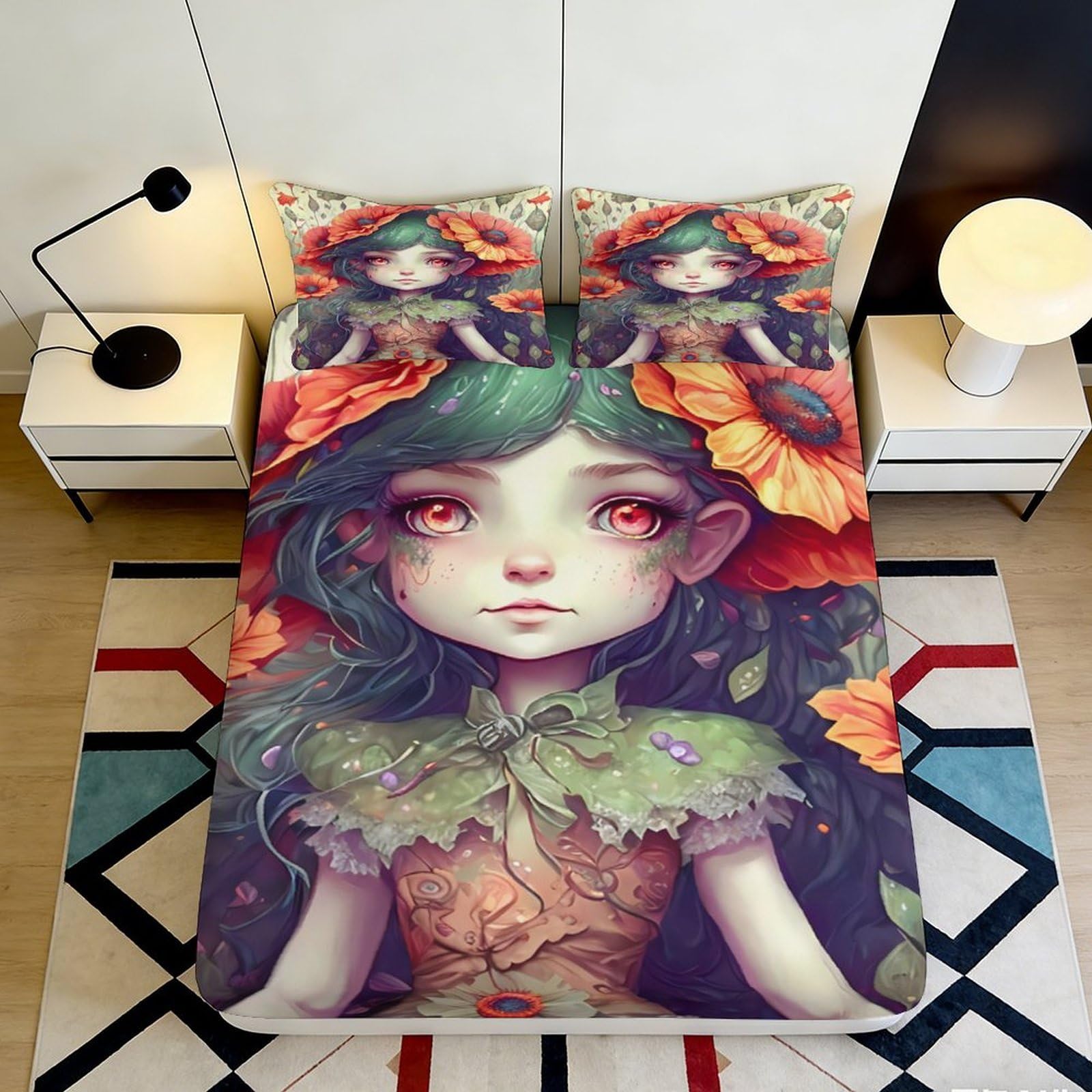 3D Printed Floral Girl Fitted Sheet Microfiber Soft Breathable Sunflower Bed Cover for Bedroom Dormitory Guest Room Protection Decor 200x200x25cm