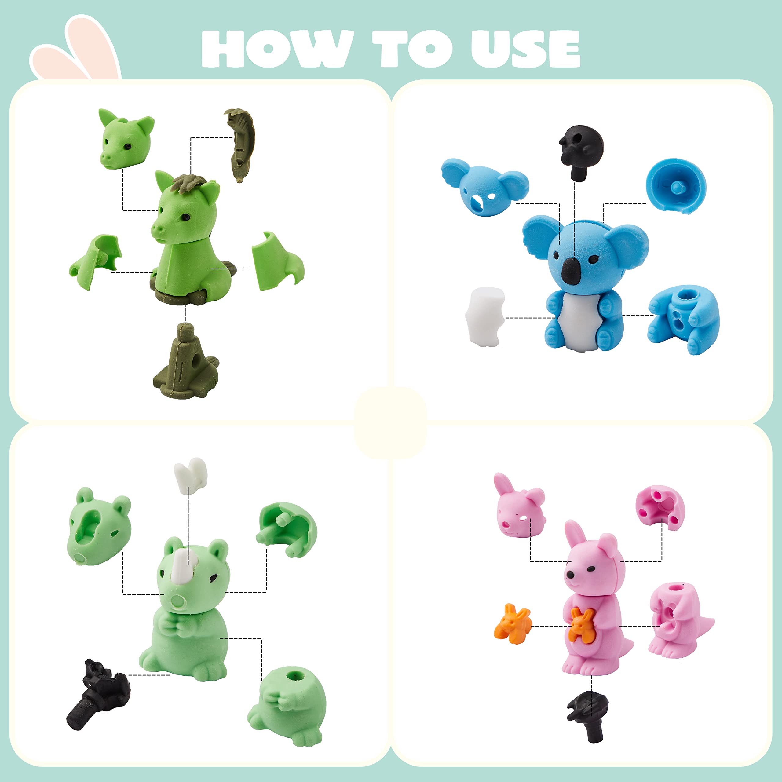 JOYIN 24 oeuf de Paques Pré-Remplis avec 48 animal Gommes pour les enfants, Gommes à Crayons, Panier de Pâques, Jouets Pré-Remplis pour œufs de Pâques