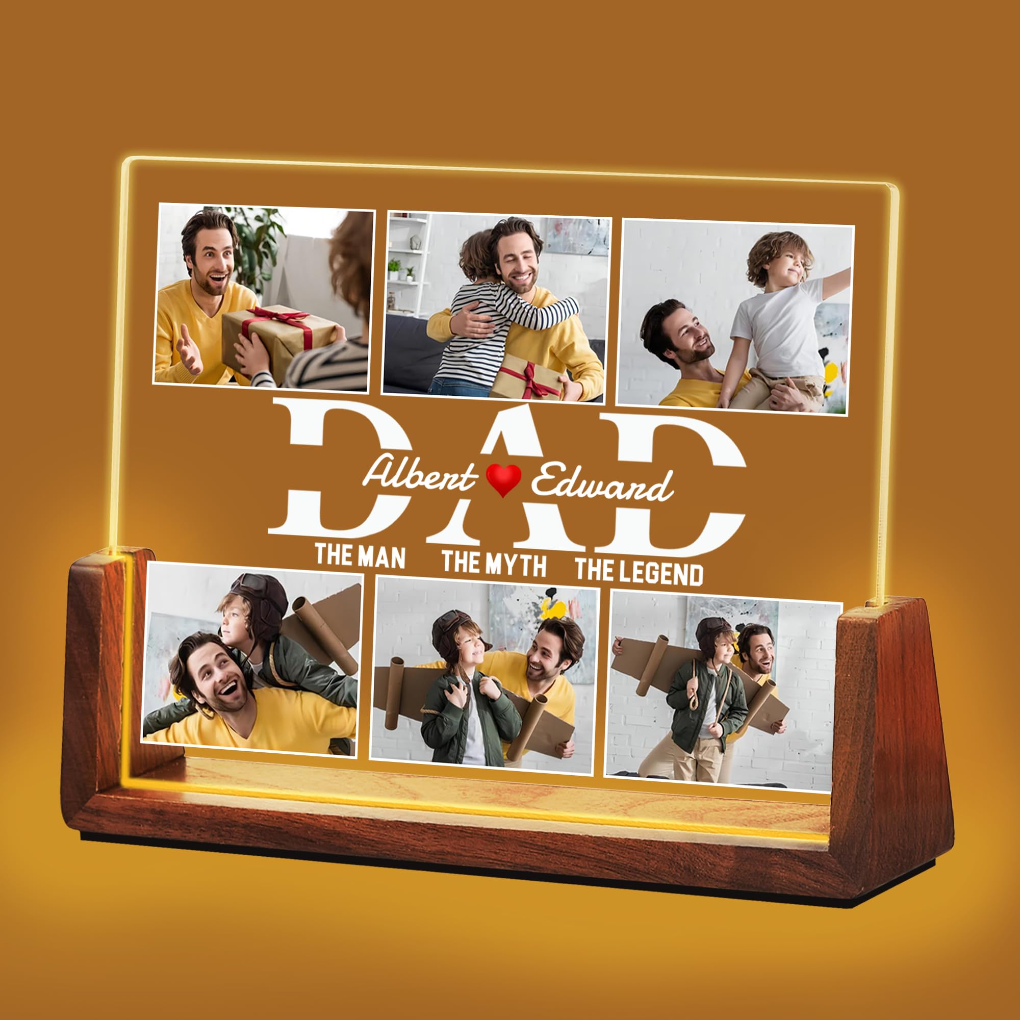 Fathers Day Personalized Gifts for Dad from Daughter Son Kids, Customized Acrylic Plaque LED Walnut Frame with Photos Night Light, Christmas Birthday Gifts for Dad Father PAPA Husband