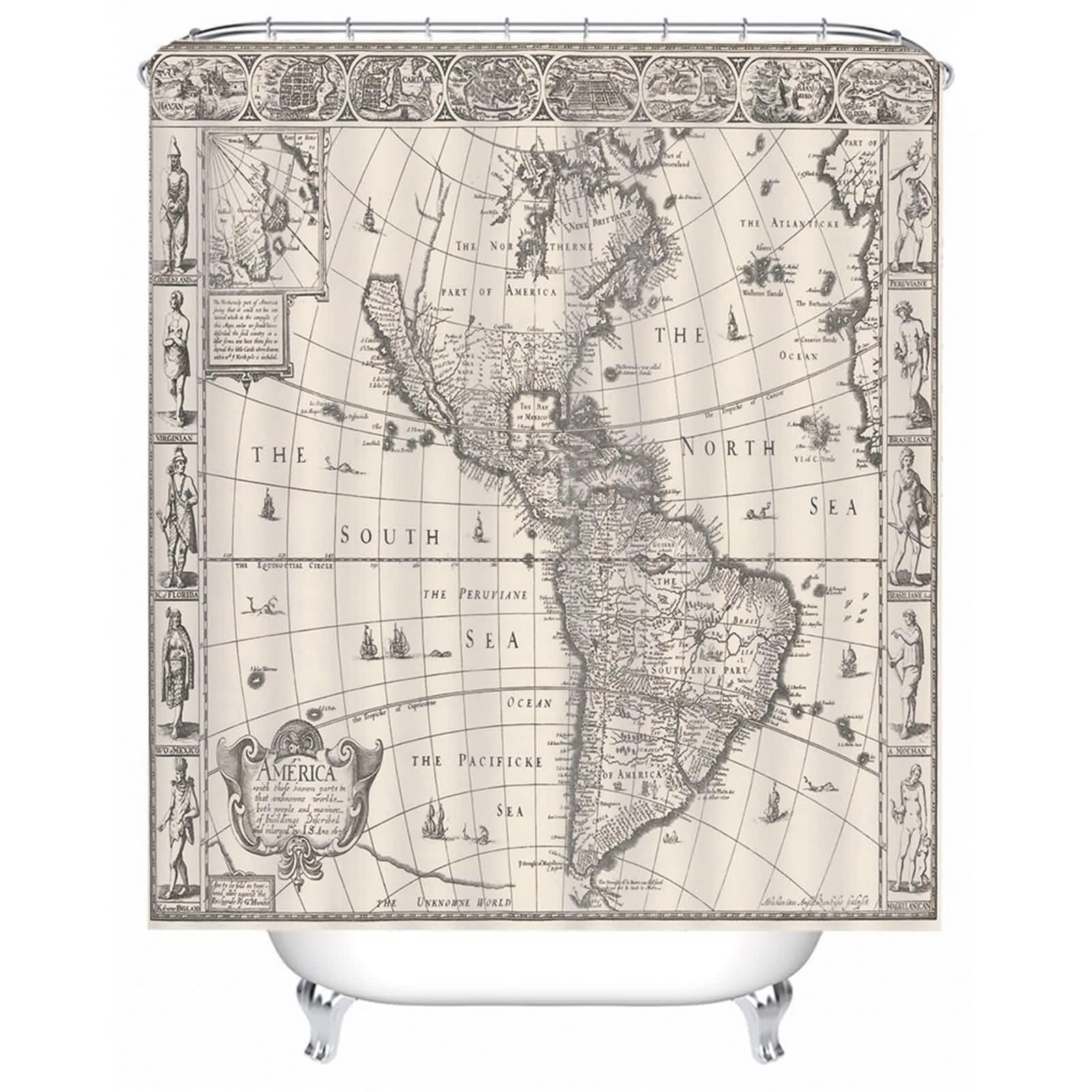 Rideau de douche anti-moisissure gris en polyester lavable avec anneaux pour salle de bain