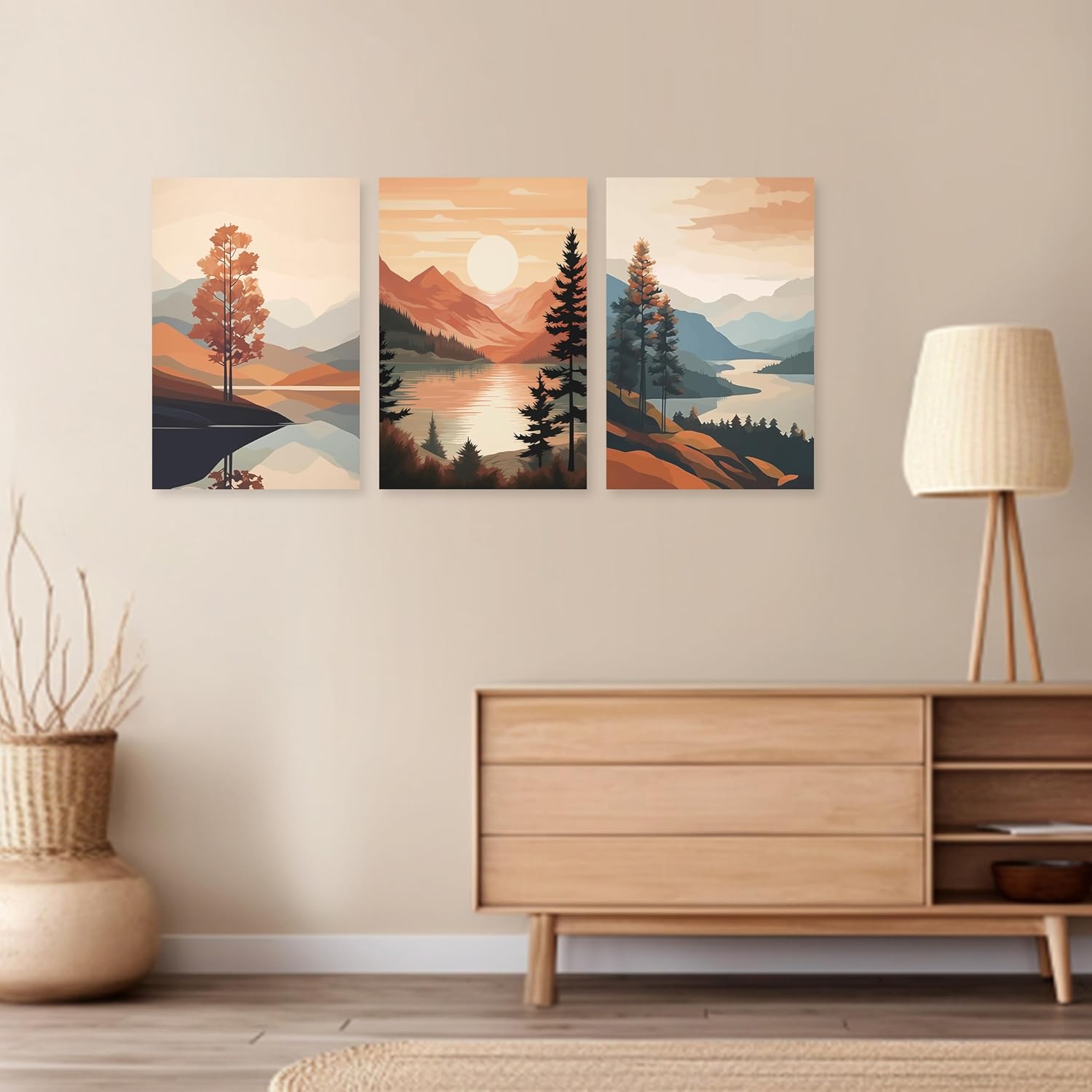 ARTZGX Boho Canvas Wall Art 3 Piece Minimalist Bohemia Picture Sunrise Mountain Tree Artwork Painting for Bedroom Decor Frame(Boho - 2, 16x24inchx3P (40x60cmx3P))