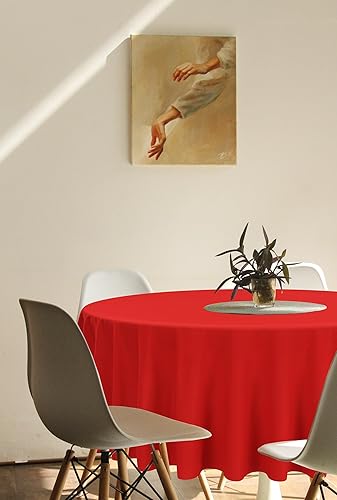 Miniatura 7 de Paquete de 8 manteles redondos rojos de 90 pulgadas de poliéster, mantel circular de tela lavable resistente a las manchas y a las arrugas, manteles