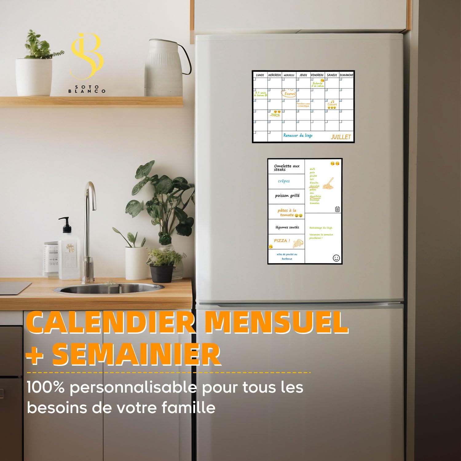 Calendrier Magnétique Mensuel A4 + Tableau Hebdomadaire A4 + Marqueurs Premium + Stickers | Planning Frigo Familial