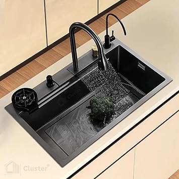 Cluster Nano 304 Grade Stainless Steel Single Bowl Handmade Black Color Kitchen Sink With Waterfall Faucet/Abs Soap Dispenser/Cup Washer / 2-Drain Basket, 30x18 Inches, Black