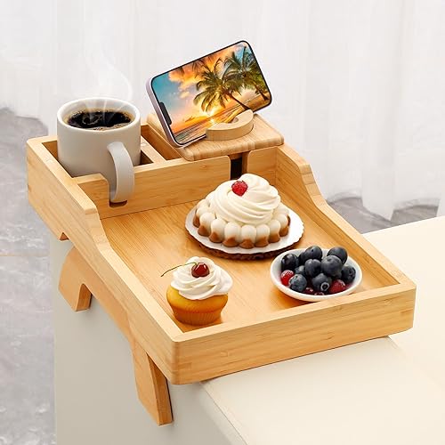 Mesa de brazo para sofá, bandejas de TV plegables multifunción con soporte giratorio de 360 para teléfono y almohadilla, bandeja de mesa de sofá