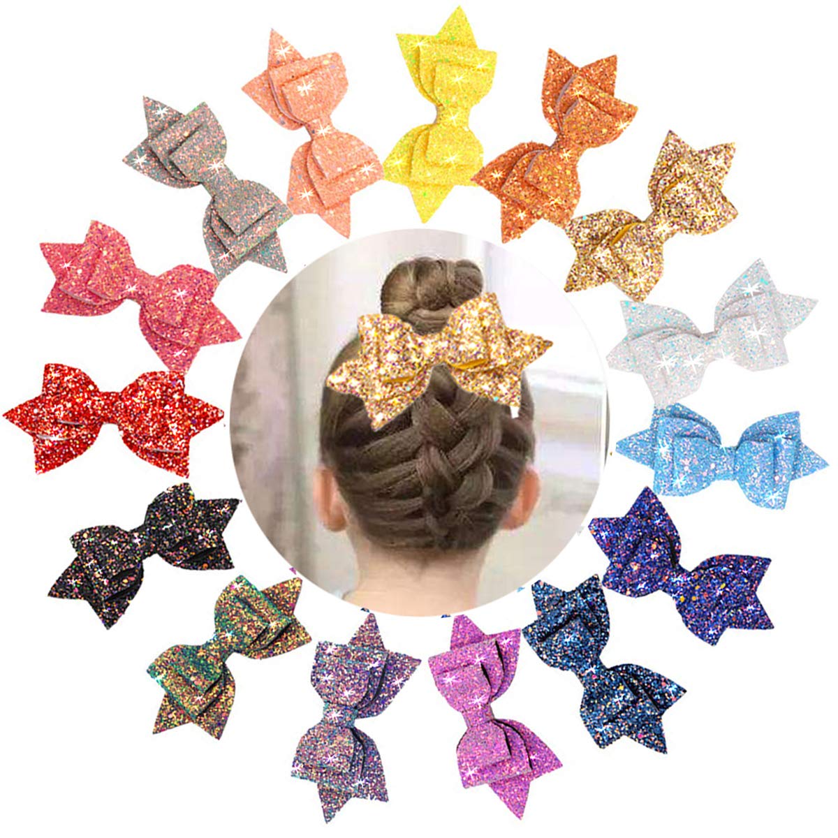 15 Colors Big Bow Clips for Girls Glitter Hair Bows 5 Inch Sparkle Sequins Bows Alligator Hair Clips For Baby Girls Teens Toddlers