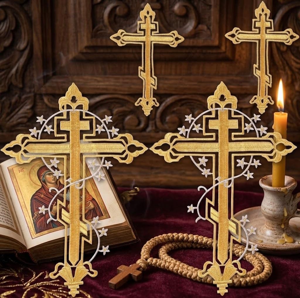 IDONGCAI Gold Cross Embroidered Applique, Set of 4 | Religious Christian Liturgical Vestment, For Church Garments & Altar Cloth, Iron On Sew On, Embroidery Supply Patch
