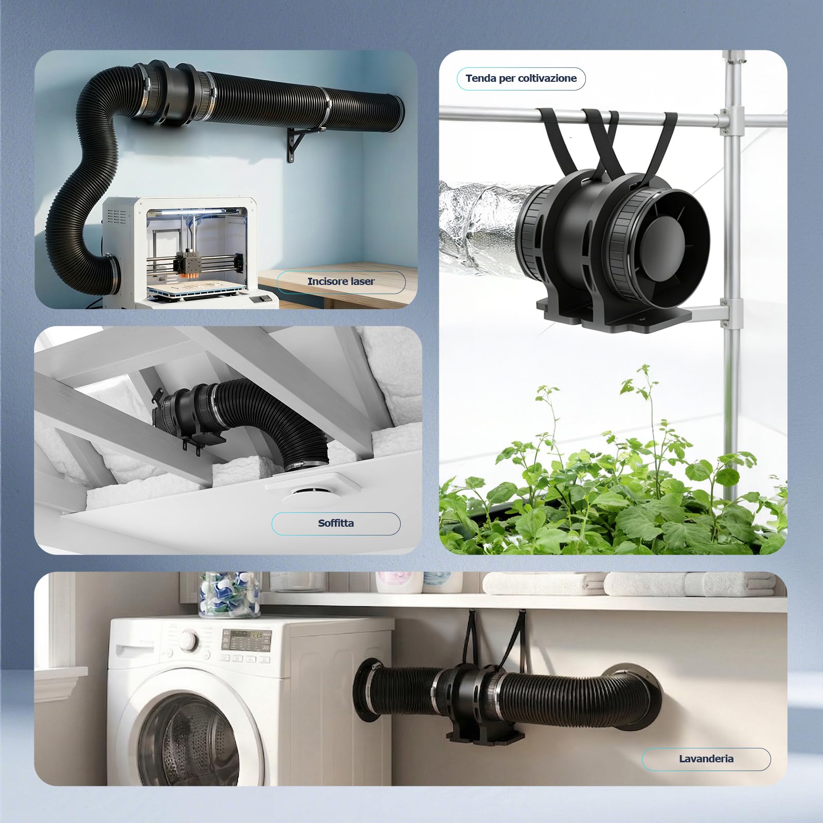 Ventilatore da Condotto da 100 mm – Ventilatore in Linea Silenzioso per Bagno, Cucina e Grow Tent TB04ED (con base)