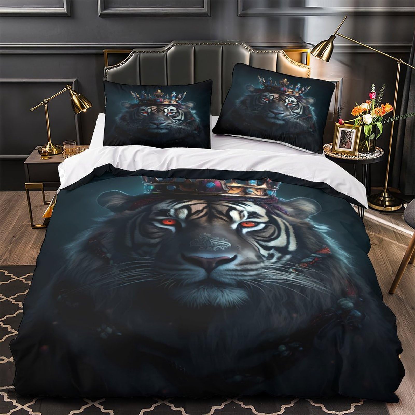 Housse de couette tigre 3D infroissable avec fermeture éclair pour lit XXL