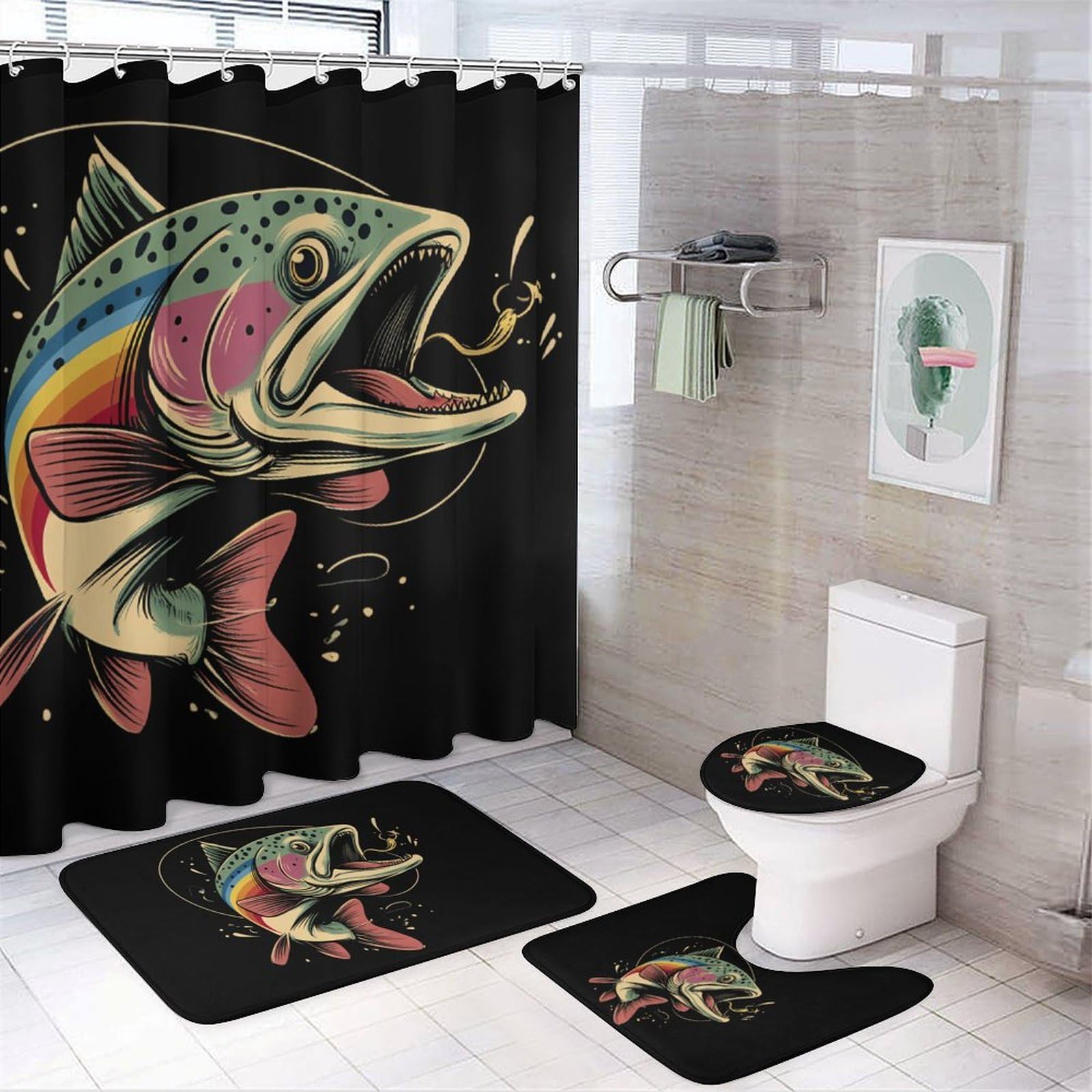 CGSBNGHA Largemouth Bass Rainbow Trout Shower Curtain Set 4 Piece Bathroom Sets with Rugs Toilet Lid Cover And U-Shaped Floor Mat