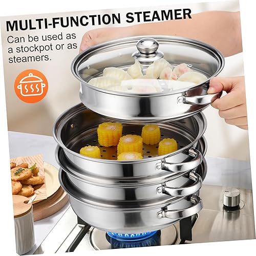Miniatura 8 de Hemoton Olla para cocinar 4 capas de acero inoxidable para alimentos y verduras, olla de utensilios de cocina, vaporeras para tamales con tapa para