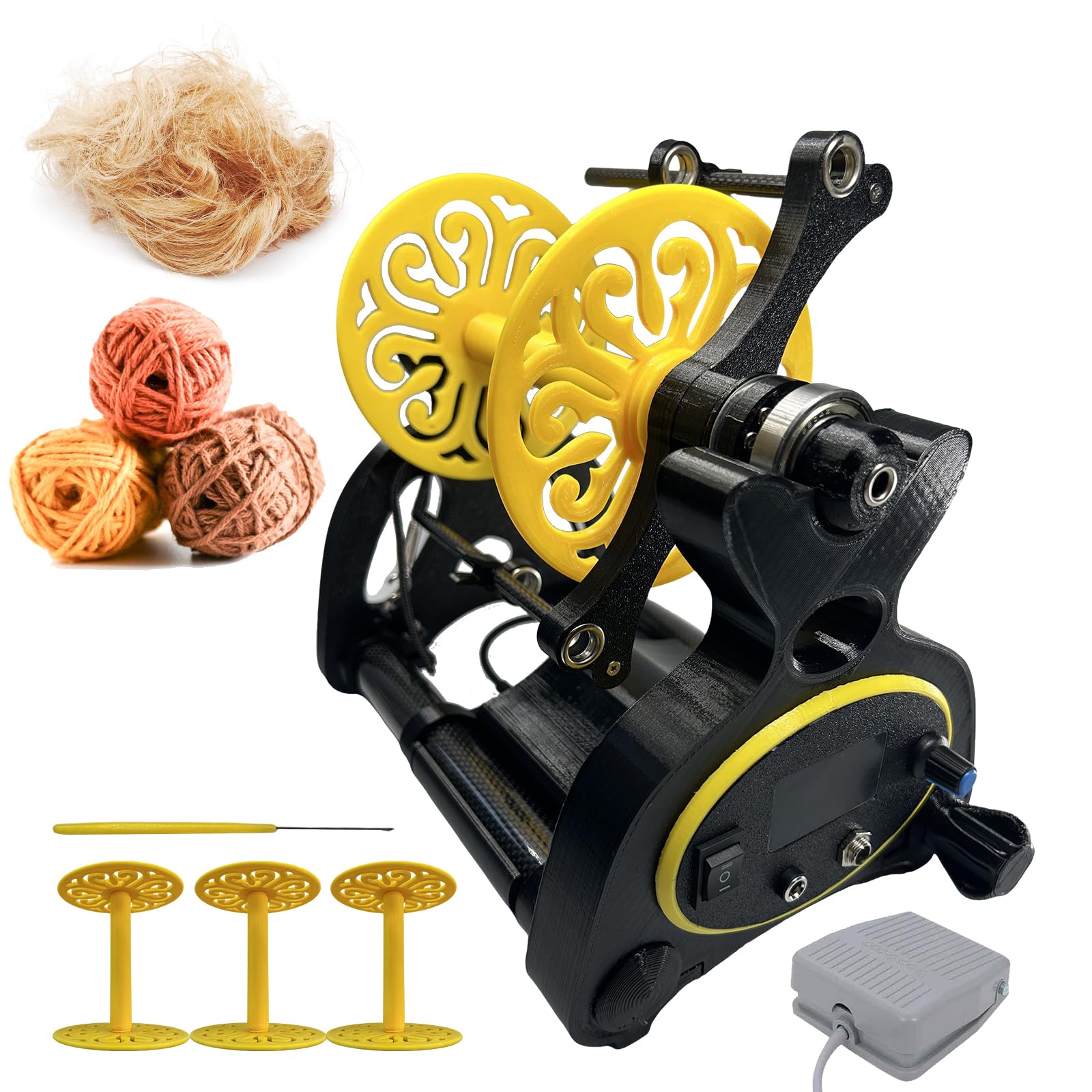 Electric Yarn Spinner Kit with Foot Controller & 3 Bobbins, Small Yarn Winder with Forward & Reverse