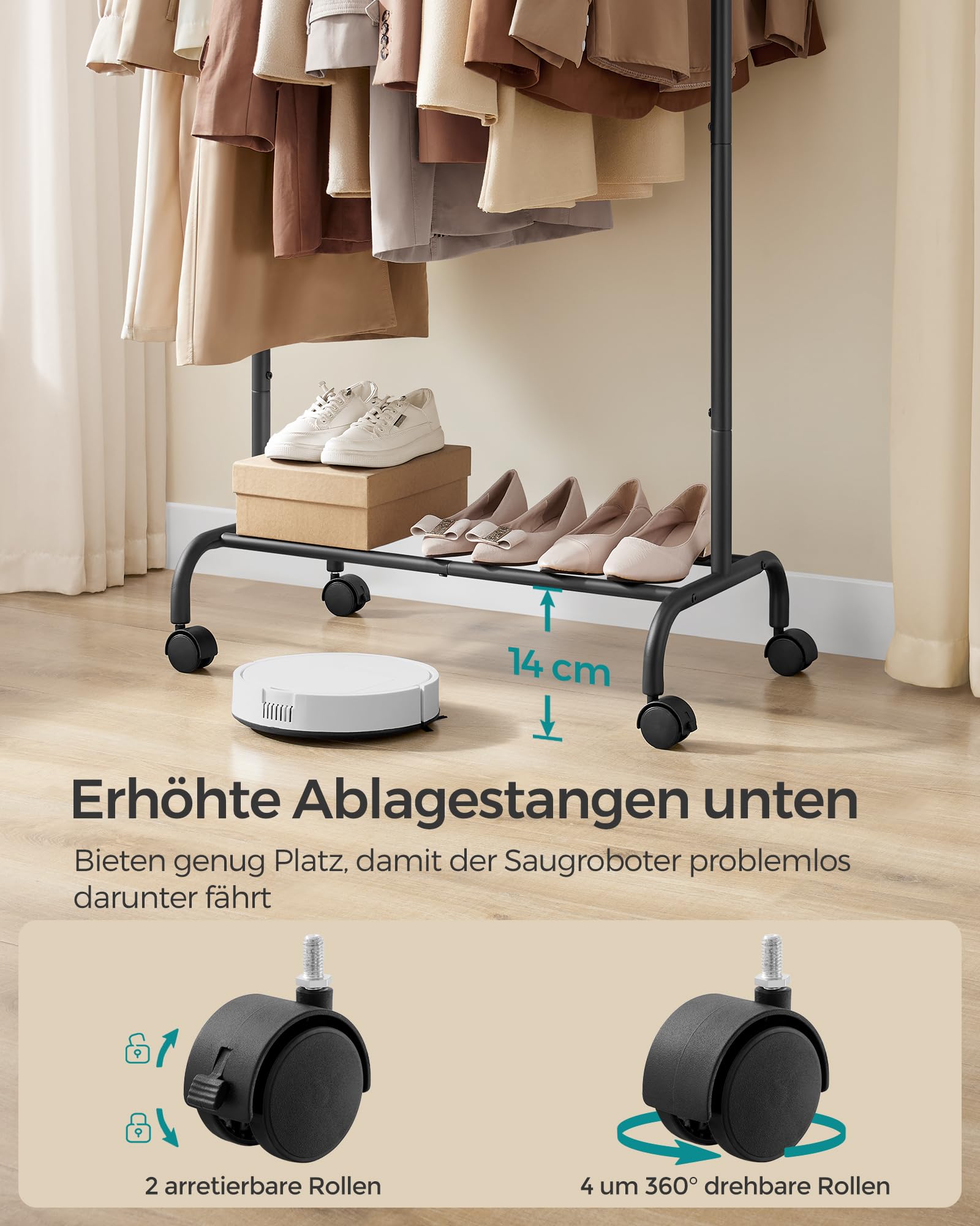 SONGMICS Kleiderständer auf Rollen, ausziehbare Kleiderstange, Garderobenständer aus Stahlrohren, erhöhte Ablagestange, 40 x (83-120) x 156 cm, tintenschwarz HSR134B01