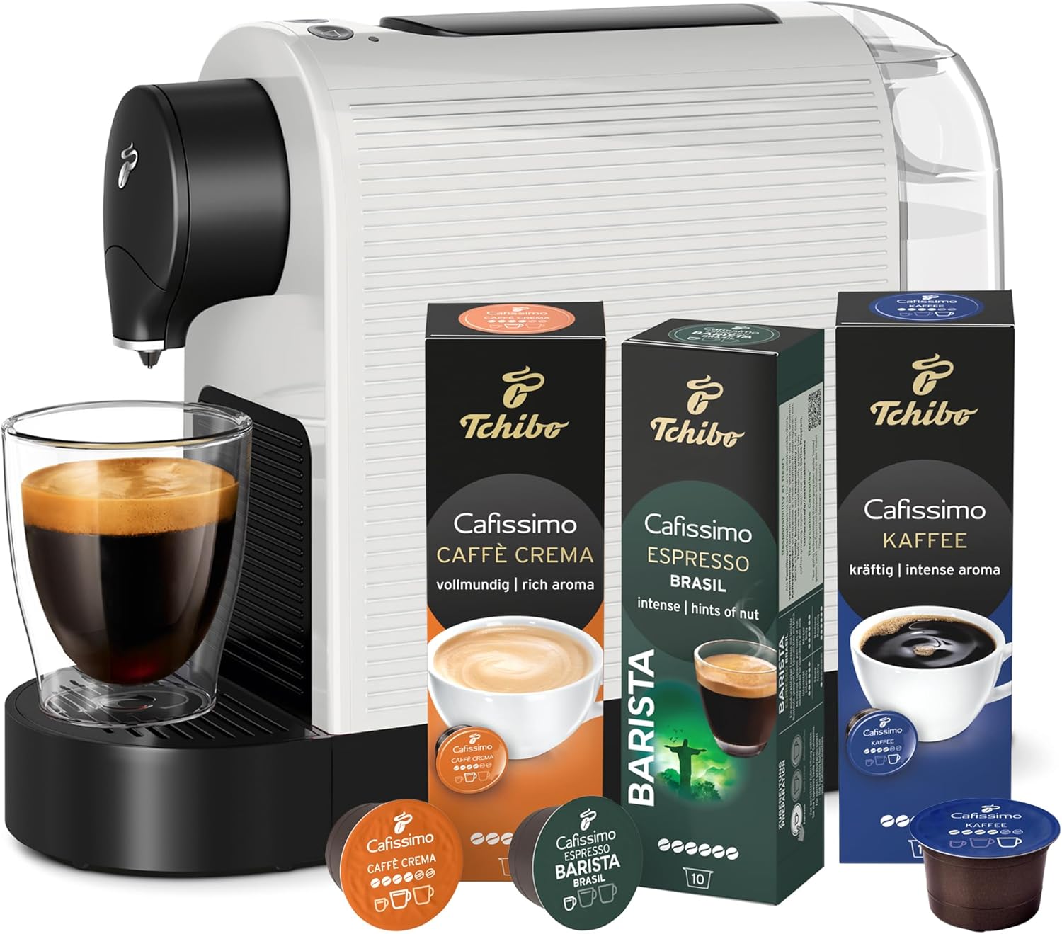 Tchibo Cafissimo Pure Plus Coffee Machine Capsule Machine Including 30 Capsules for Caffè Crema, Espresso and Coffee 0.8 L 1250 Watt 11.9 x 33.7 x 24 cm White