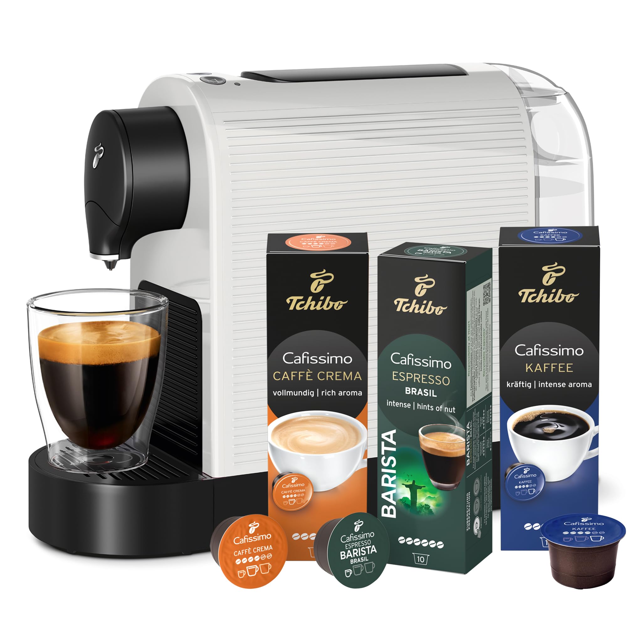 Tchibo Cafissimo Pure Plus Coffee Machine Capsule Machine Including 30 Capsules for Caffè Crema, Espresso and Coffee 0.8 L 1250 Watt 11.9 x 33.7 x 24 cm White