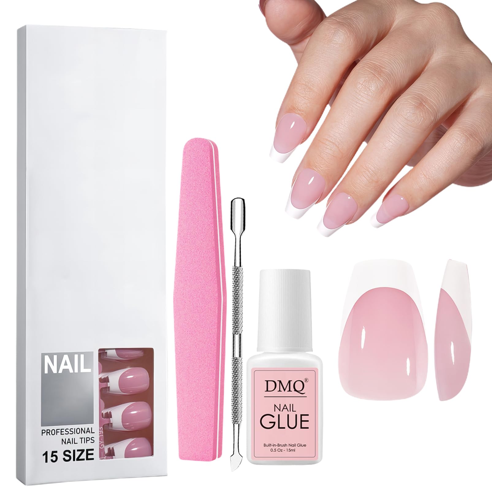 120Pcs French False Nails, Pink Square Full Cover Press On White Tips, 1 g (Pack of 1)