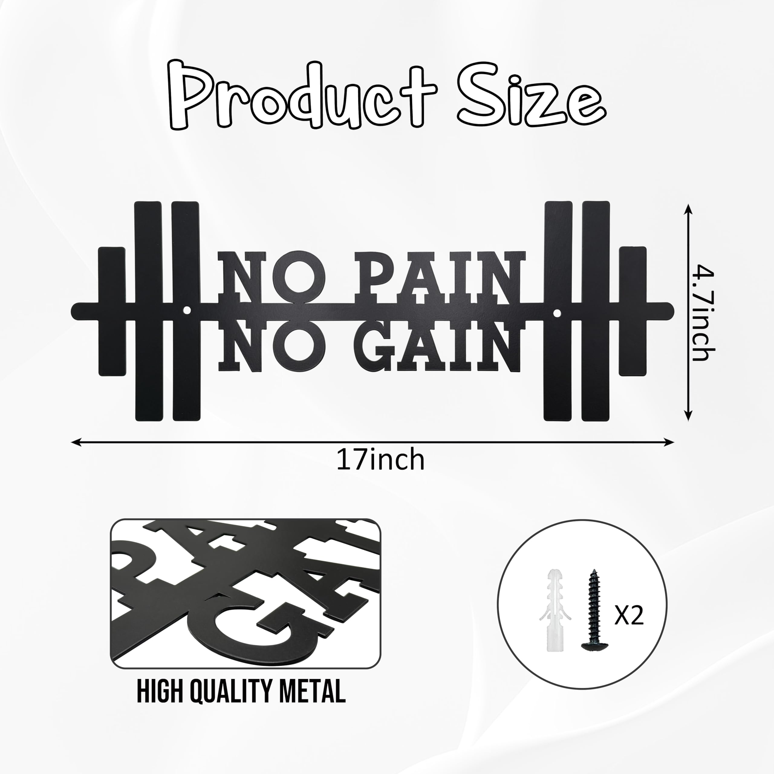 Motivierende Wandkunst "No Pain No Gain", 40,9 x 15 cm, Wanddekoration, Metalldekorschild für Zuhause, Fitnessstudio, Schwarz