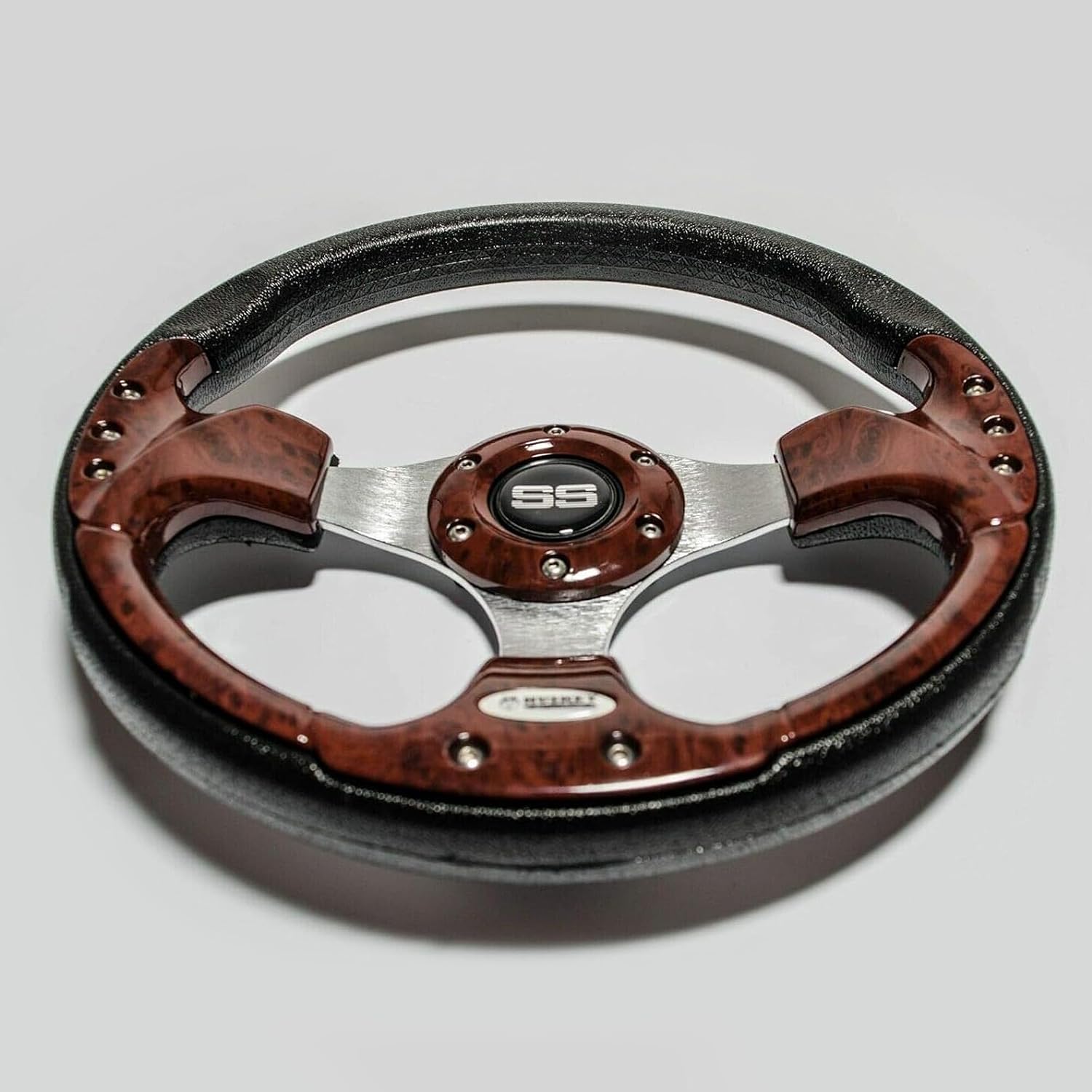 Huskey 12.5 Inch Vintage Wood Grain Golf Cart Steering Wheel for Club Car DS Gas & Electric Models 1982-Up, Classic Super Sport Center Logo, Brushed Aluminum Spokes and Anti-Slip Grip