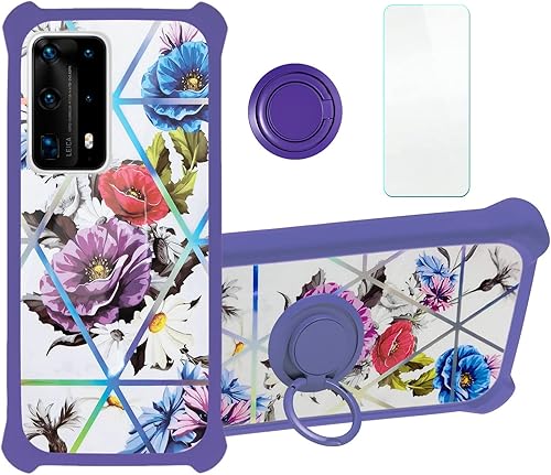 Aroepurt Funda para Huawei P40 PRO compatible con Huawei P40 PRO con protector de pantalla de vidrio templado, PC + TPU 2 en 1, soporte de anillo,