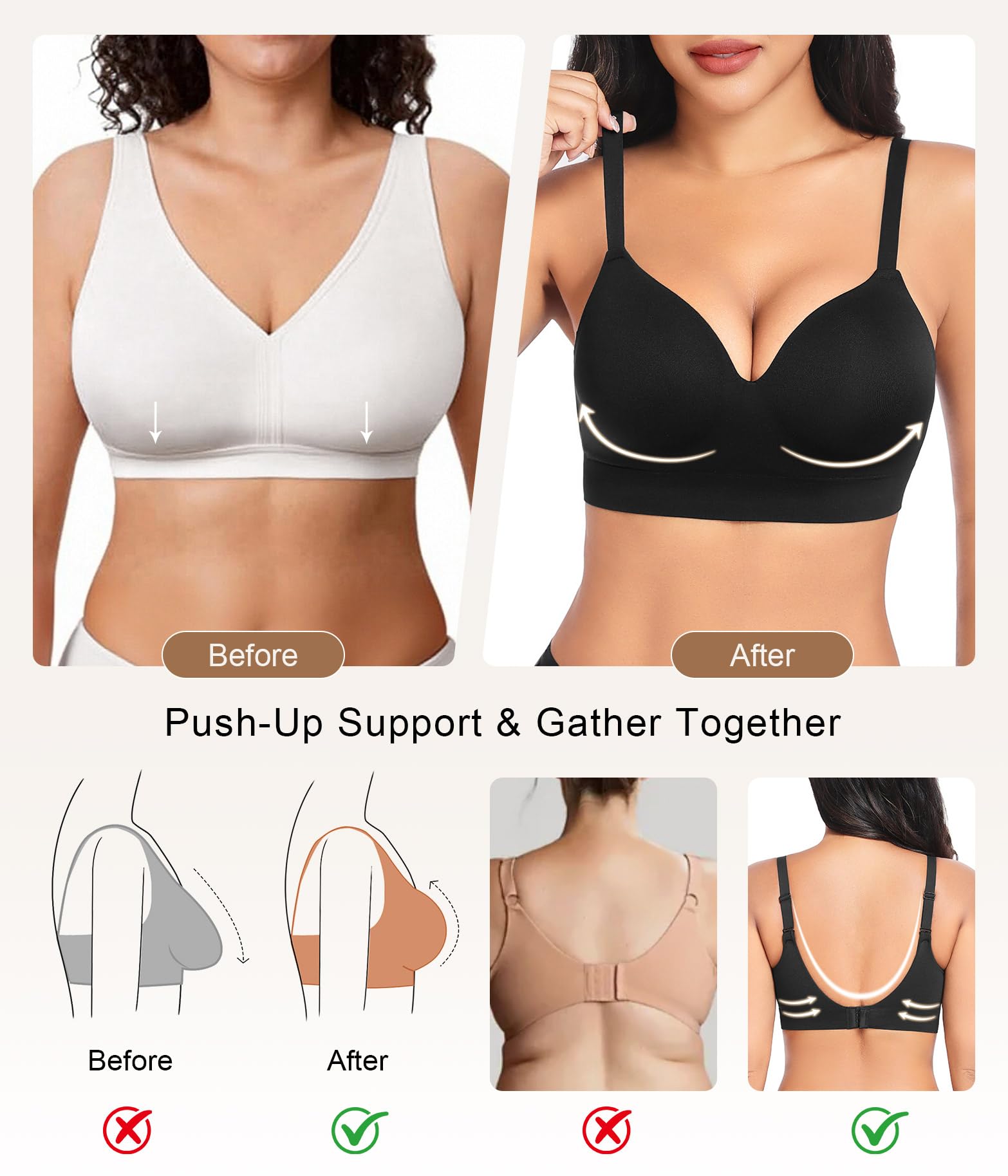 XJBTBA Biustonosze push-up dla kobiet Bez fiszbin Bez fiszbin Bez fiszbin Wsparcie Komfortowe biustonosze do spania dla pań Miękka koszulka Biustonosz bez fiszbin Regular i Plus Size