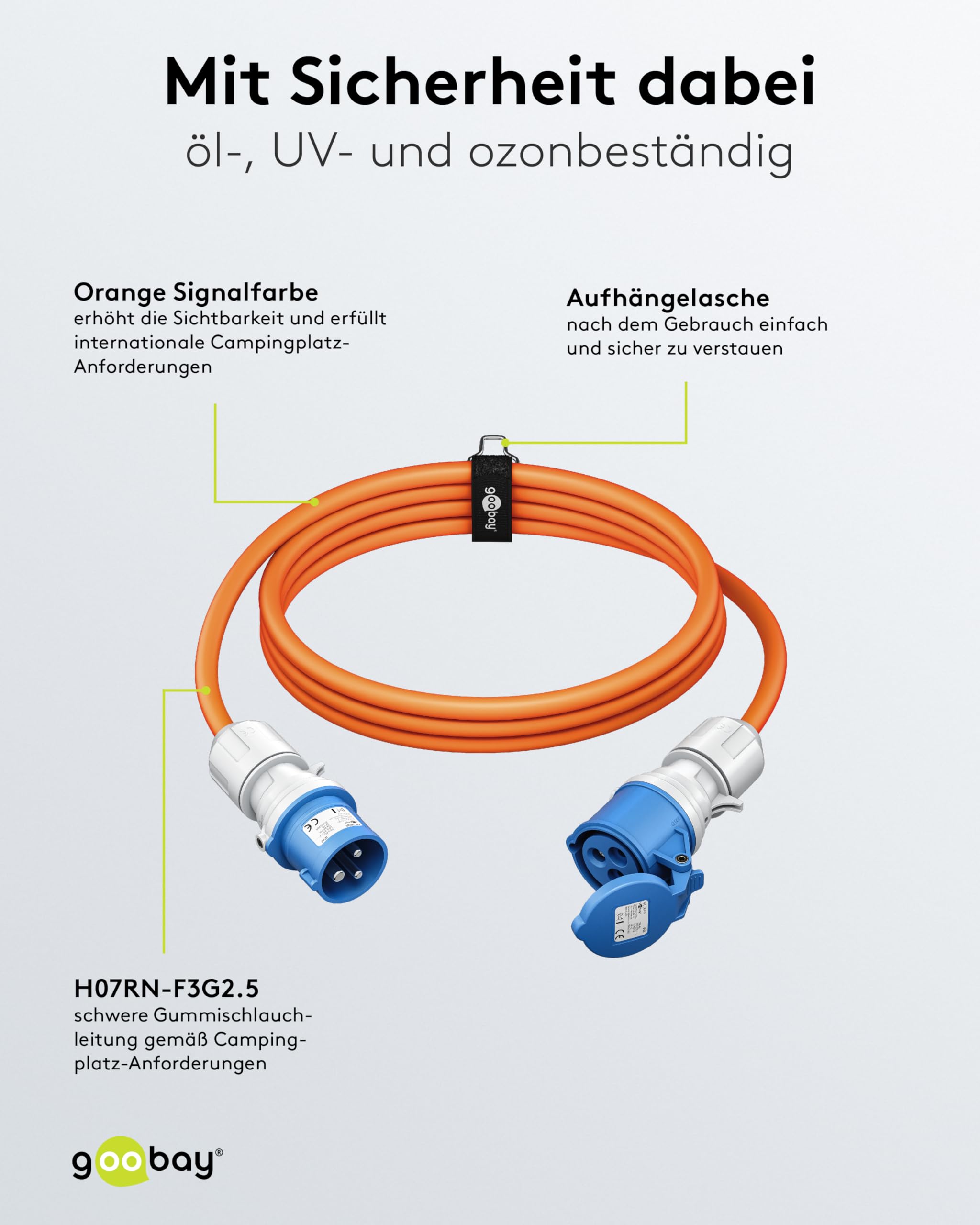 goobay CEE-Verlängerungskabel für Wohnwagen, 25m, CEE-Stecker auf CEE-Buchse mit Verschlusskappe, IP44, Kabel für Camping, Wohnmobil und Wohnwagen, 76230