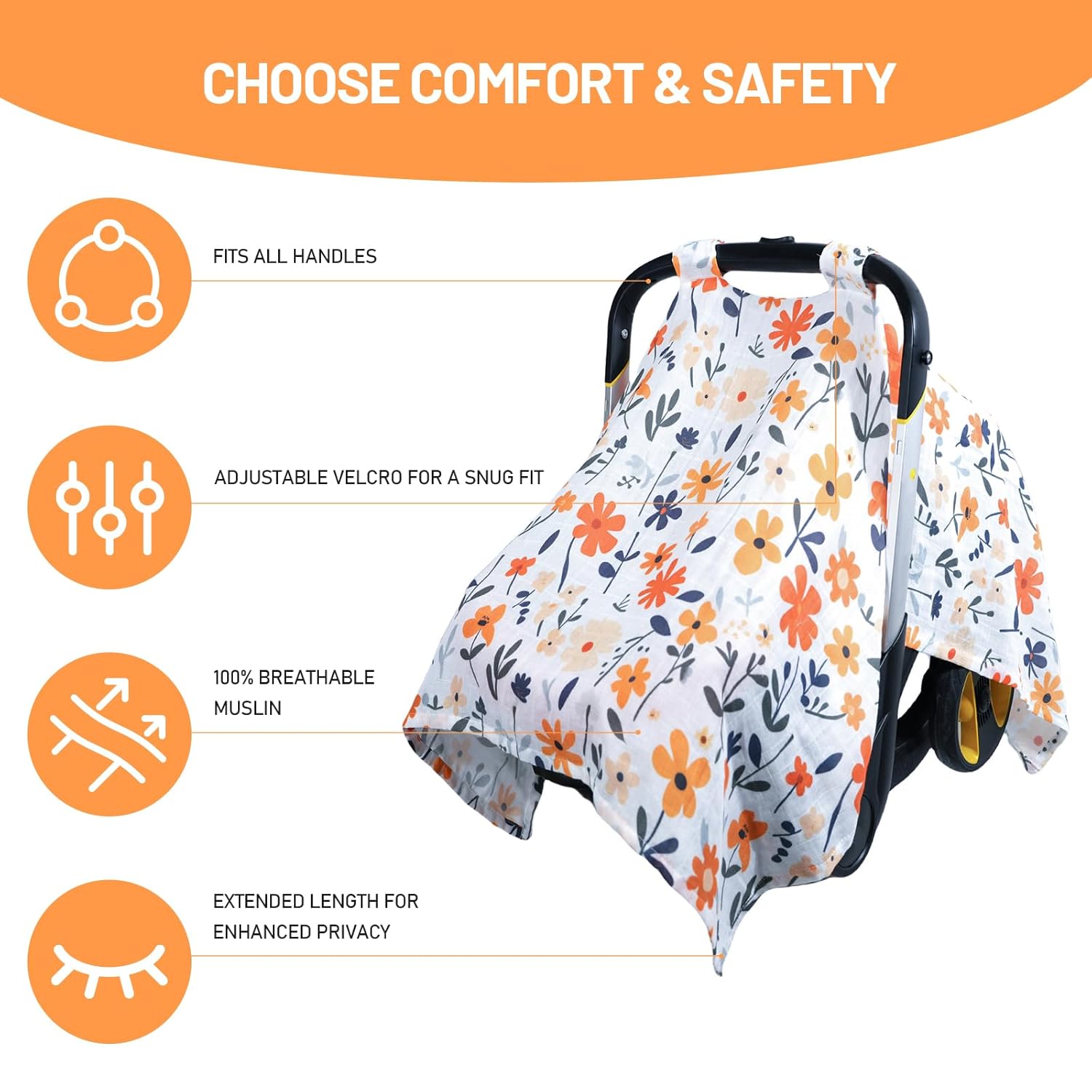 80S Muslin Car Seat Cover for Babies - Soft & Breathable Infant Carrier Canopy, Lightweight Sunshade for Summer, Universal Fit for Baby Boys & Girls - Image 2