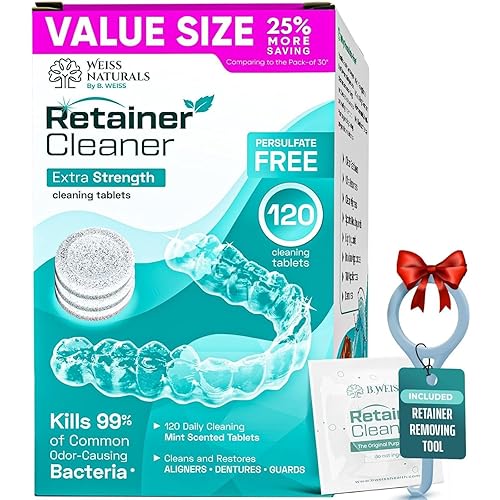 Weiss Naturals Retainer Cleaner Tablets, Invisalign Cleaner, Remove Stains, Odors & Plaque, PERSULFATE FREE Night Guard & Denture Cleaner 4-Month Supply, 120 Mint Scented Tablets