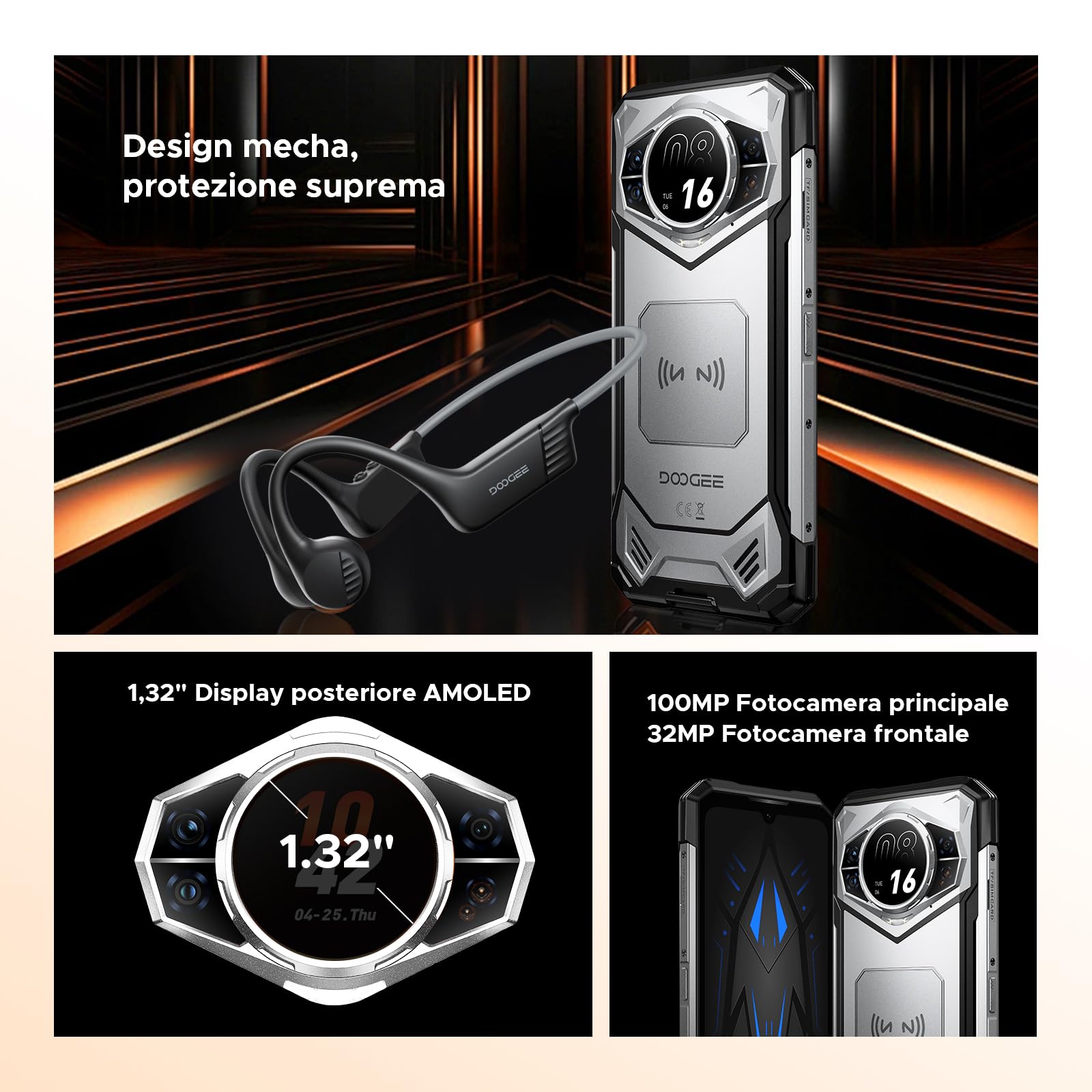 DOOGEE S200 Rugged Smartphone 5G Android16,Con Cuffie Sportive Conduzione Ossea,6.72”FHD+1.32"AMOLED Rear Display,Dimensity 7050,48GB+256GB,10100mAh,100MP+20MP Telefono Indistruttibile,Face ID/OTG/NFC