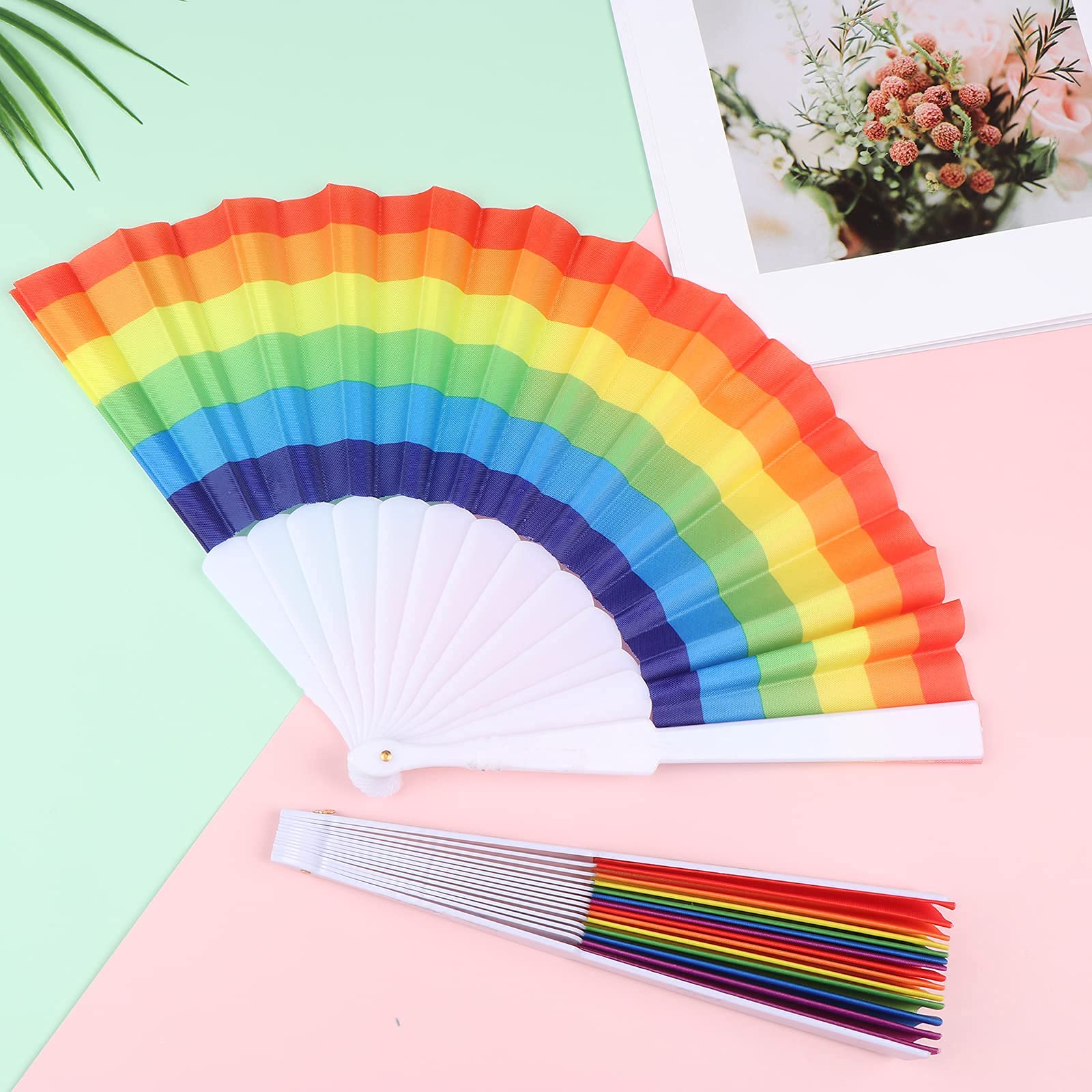 12 Regenbogen-Faltfächer – Bunte Handfächer Für Pride, Partys, Festivals, 23 Cm Lang, Nylongewebe