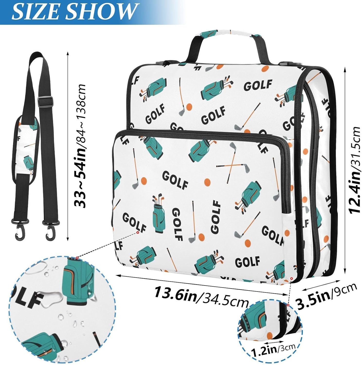 Golf Print 3 Ring Zipper Binder with Shoulder Strap & Handle 1.5 Inch D-Ring Zippered Bag with Pencil Pouch,Multiple Pocket & Expanding File Folder, Binder Organizer for School or Office
