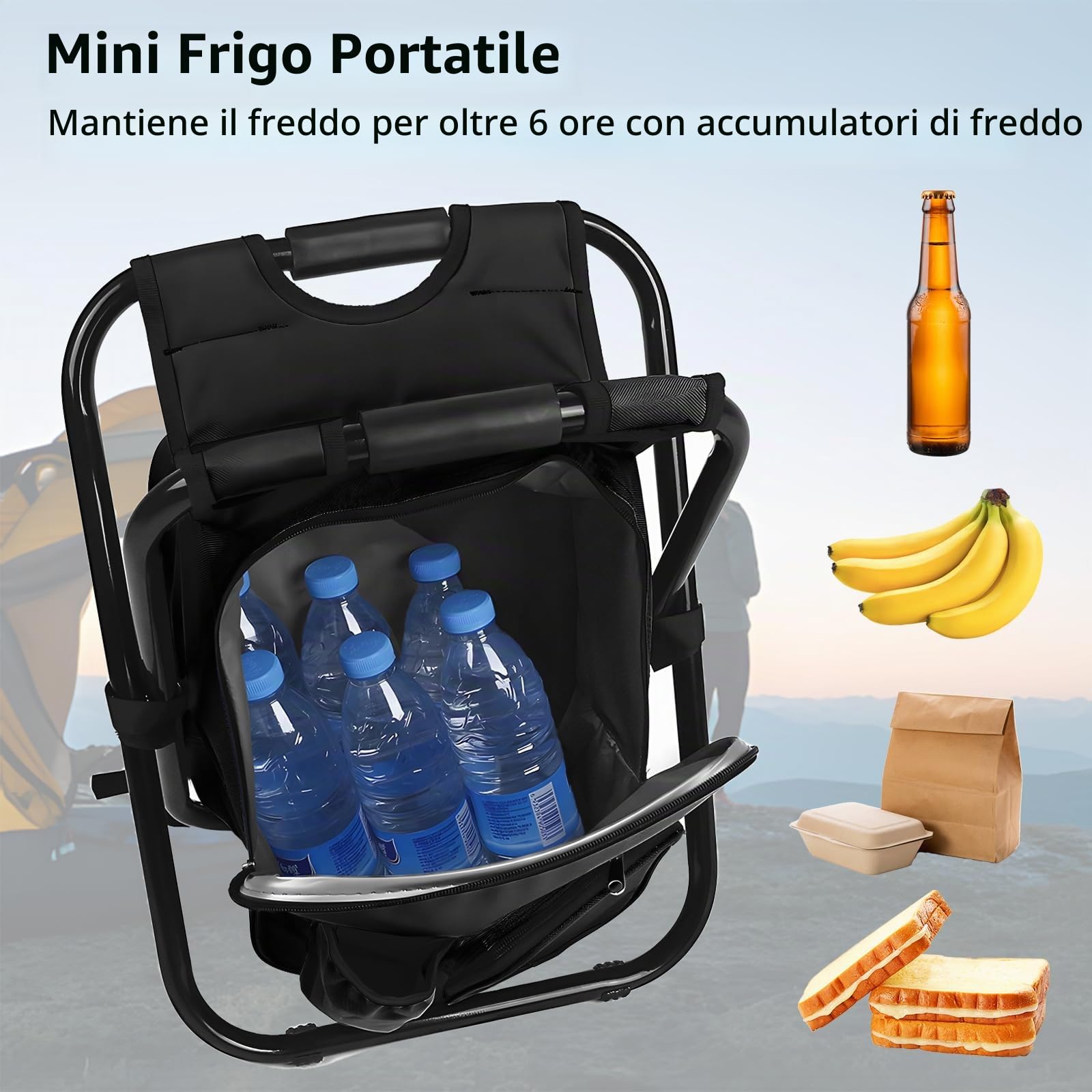 Sedia Zaino Portatile con Borsa Termica in Tessuto, Pieghevole, Trasportabile, Leggera, Tessuto Oxford in PVC 600D, Borsa da Trekking per Attività Escursionistiche All'aperto (52 x 36 x 5 cm)