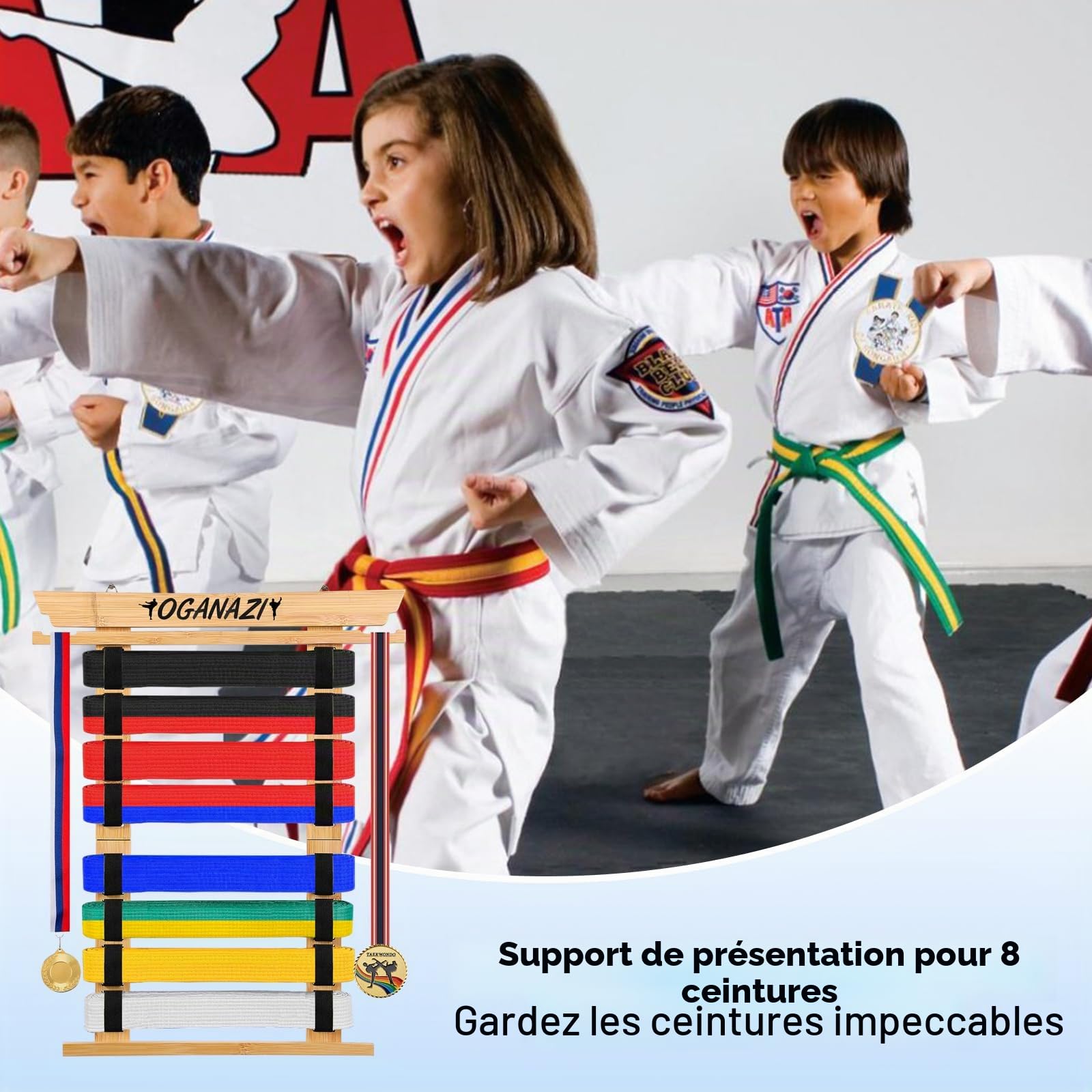 SUMNACON Support de ceinture pour 8 ceintures d'arts martiaux - Bambou - Support mural - Pour médaillon de judo, ceinture de karaté - Cadeau personnalisé (pas de ceinture)