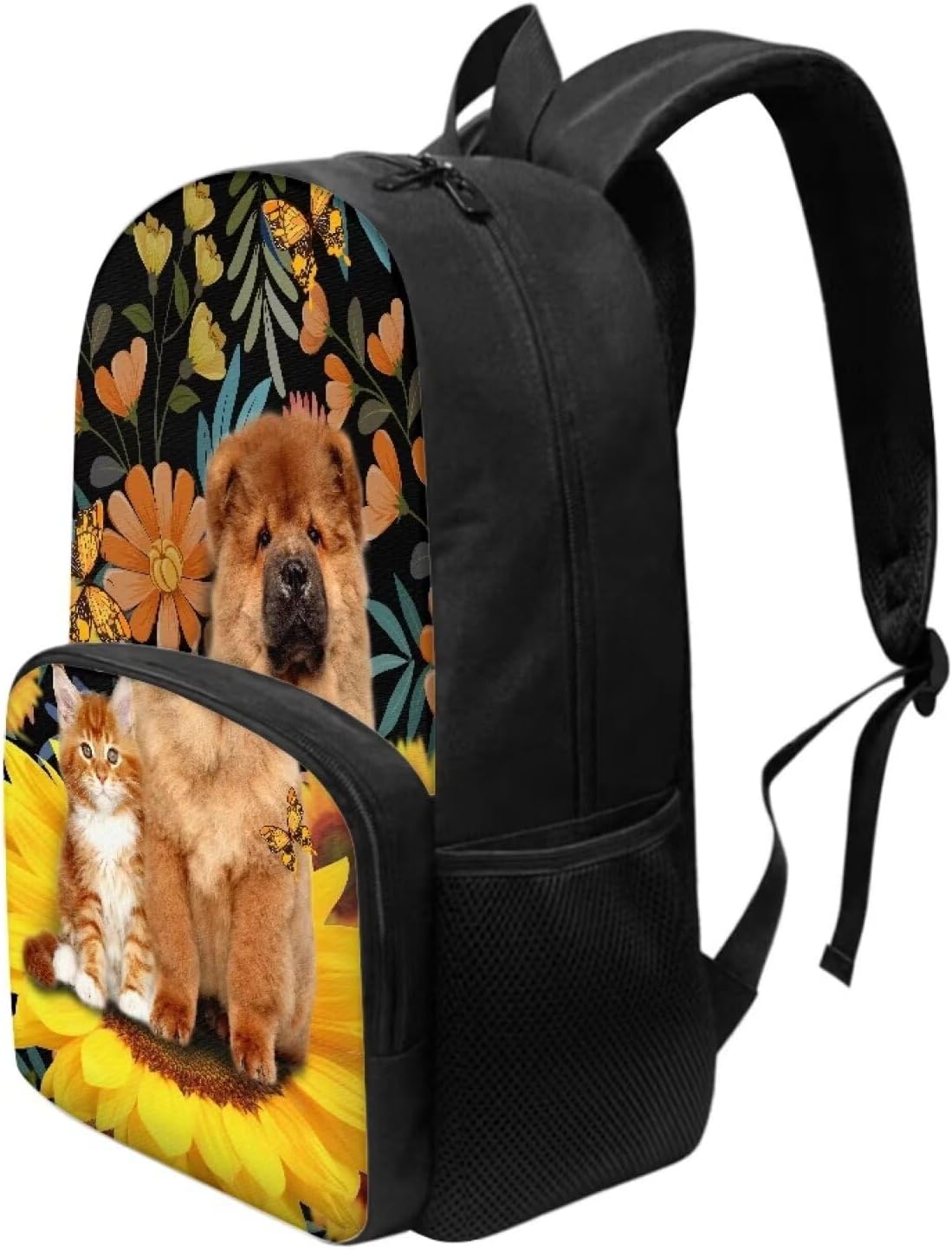 Talayituse Chow Chow Cat Print School Backpack for Teen Girls Boys Sunflower Flower Middle High School Student Bookbag Rucksack Casual Daypack for College Travel