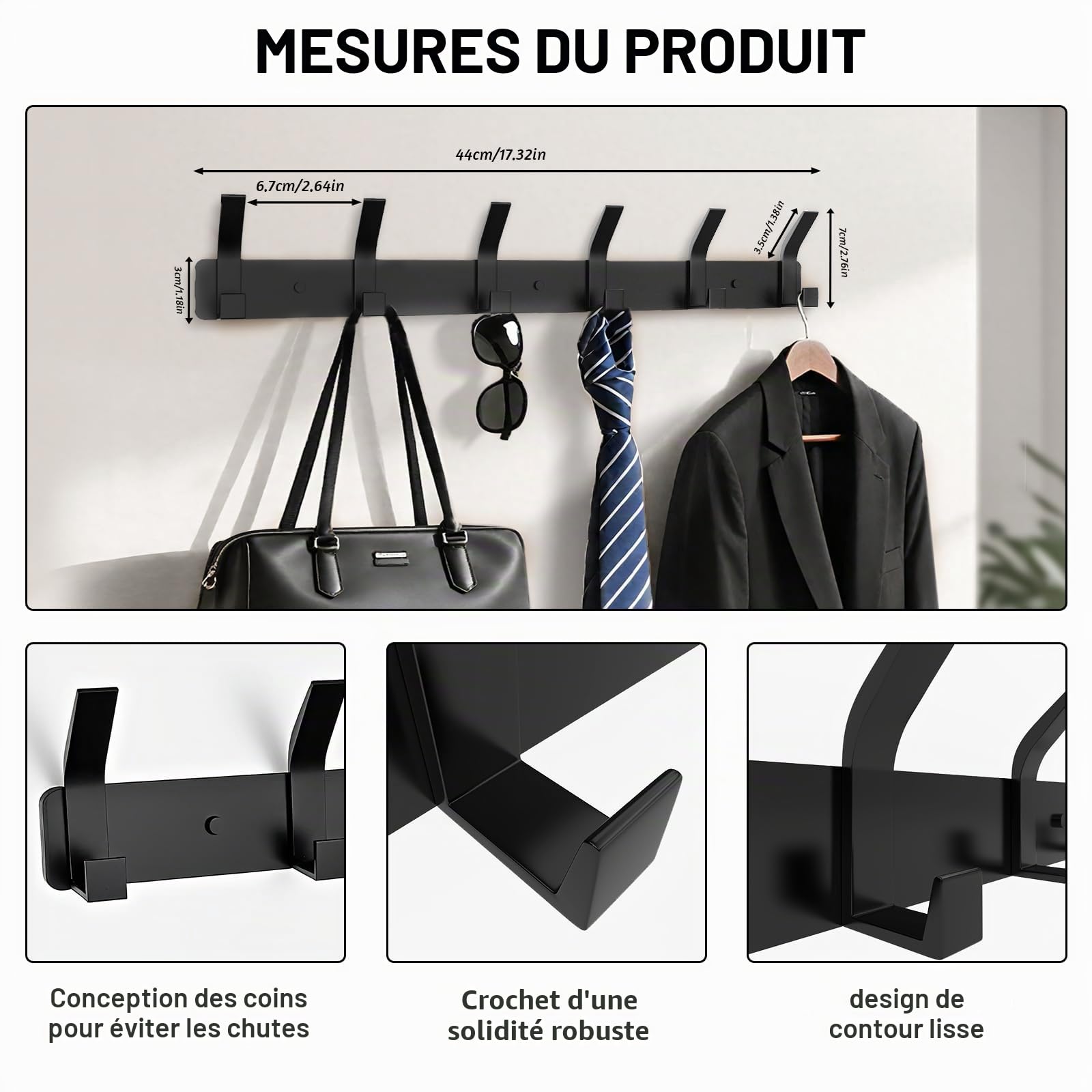 Lot de 2 patères murales avec 6 crochets en métal porte-manteau mural pour chambre à coucher, salle de bain, cuisine (noir)