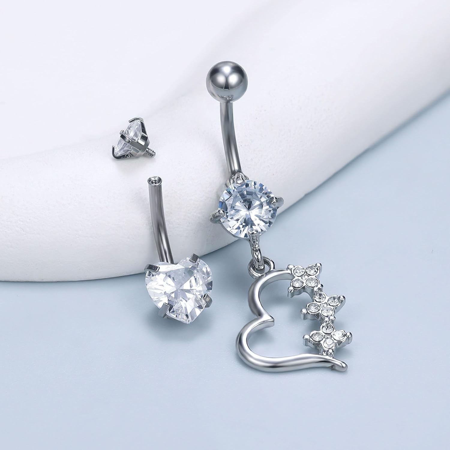 Vsnnsns 14G Dangle Belly Button Ring Piercing Jewelry 316L Stainless Surgical Steel Navel Rings Cubic Zirconia Heart Flower CZ Dangling Belly Button Ring Piercing Jewelry for Women Hypoallergenic - Image 4