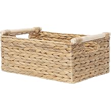 Water Hyacinth Wicker Storage Basket, Rectangular Handwoven Shelf Organizer with Wooden Handles for Pantry & Closet Medium