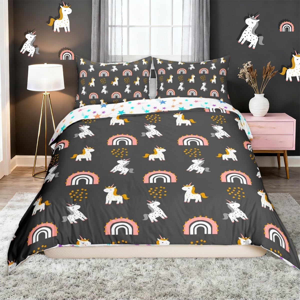Homemissing Girl Unicorn Duvet Cover Set Super King Size Children Kawaii Rainbow Bedding Set Floral Flower Duvet Cover with 2 Pillowcases Rainbow Grey — image 1