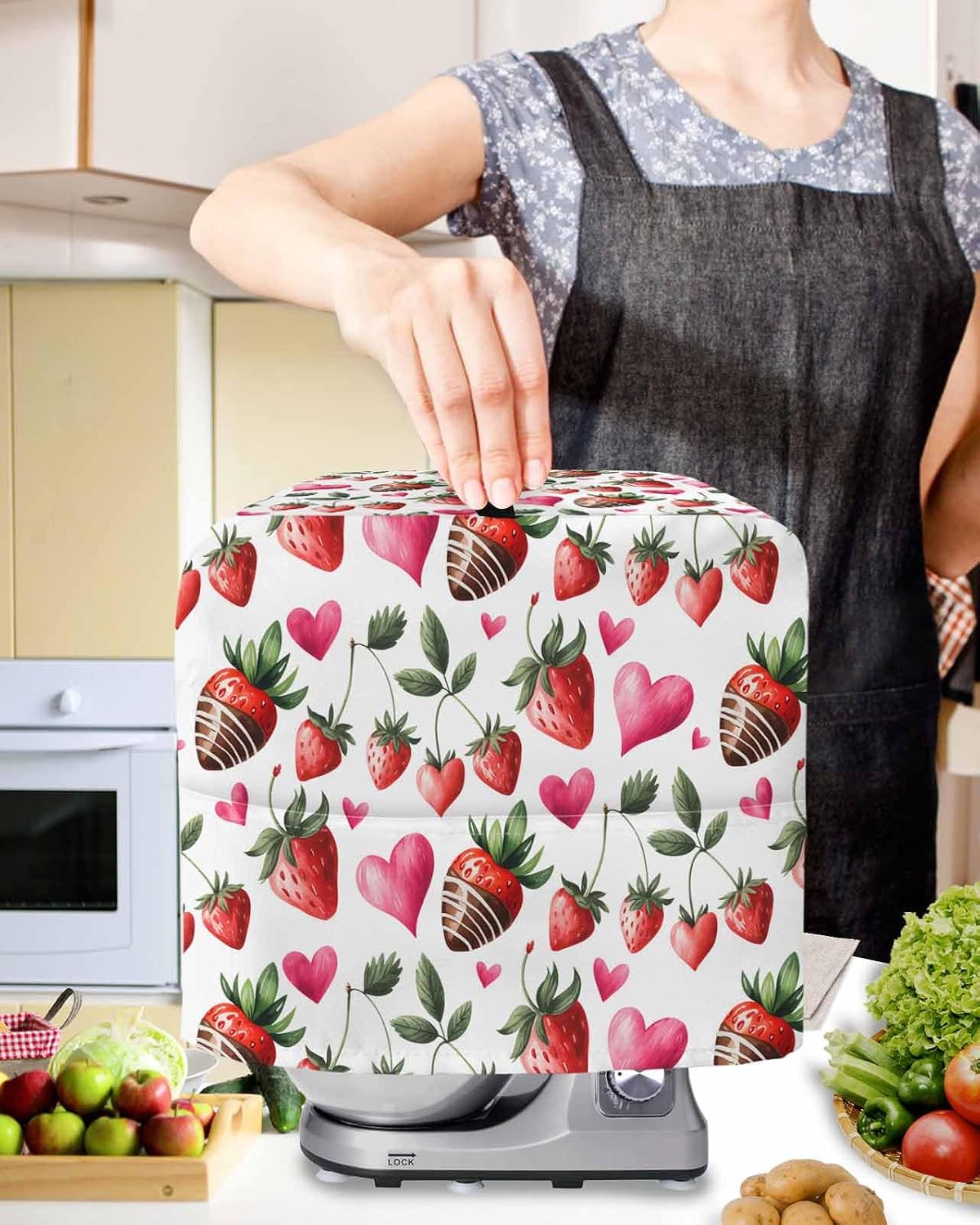 Red Strawberry Stand Mixer Cover with Storage Pocket, Waterproof Kitchen Mixer Covers, Flowers Pink Love Valentine's Day Kitchen Appliance Dust Cover Compatible with 6-9 Quart Mixers