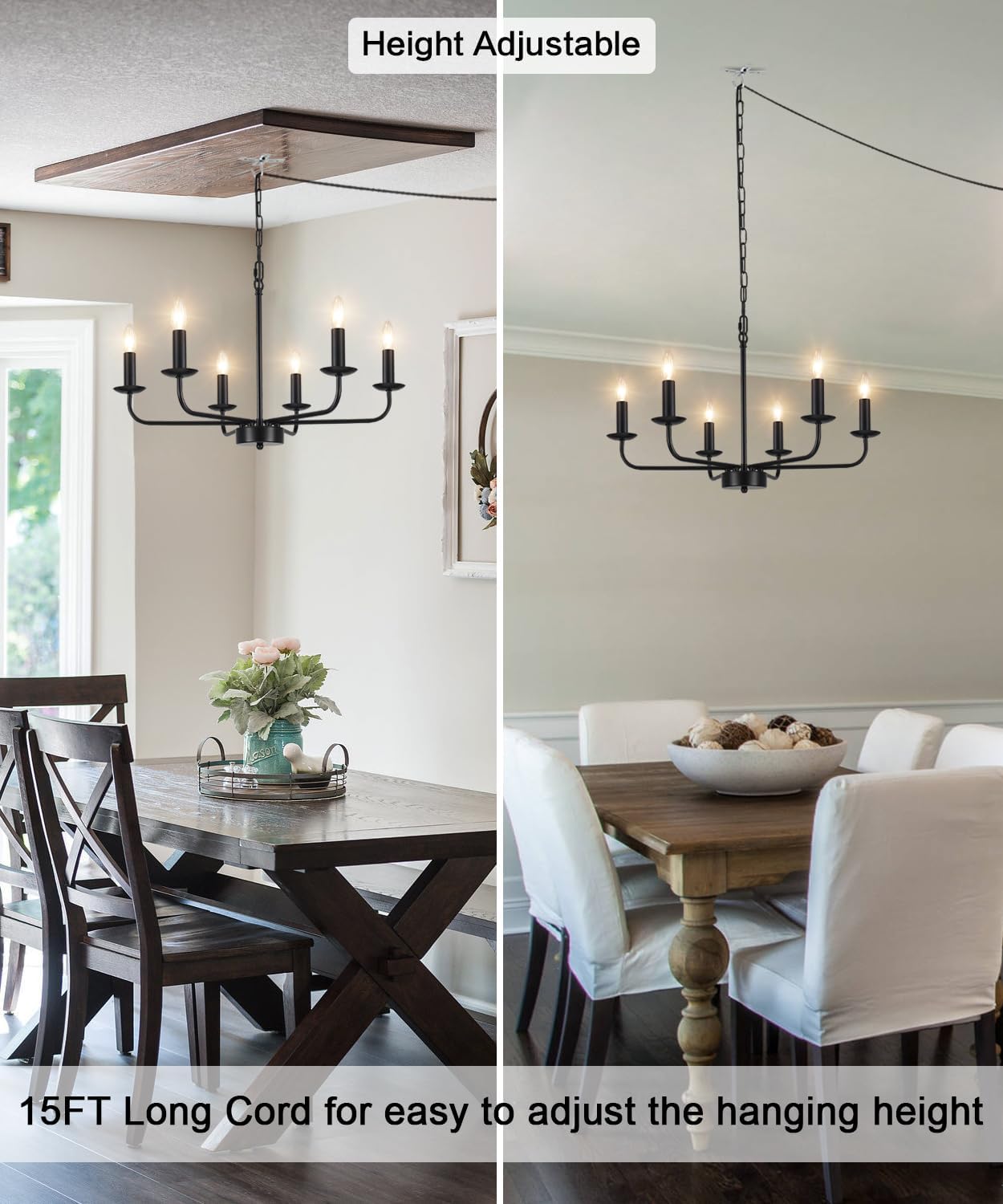 6 Light Plug in Chandelier, Hanging Lights with Plug in Cord & on/Off Switch, Farmhouse Plug in Hanging Light for Dining Room, Living Room, Kitchen, Bedroom, Entryway