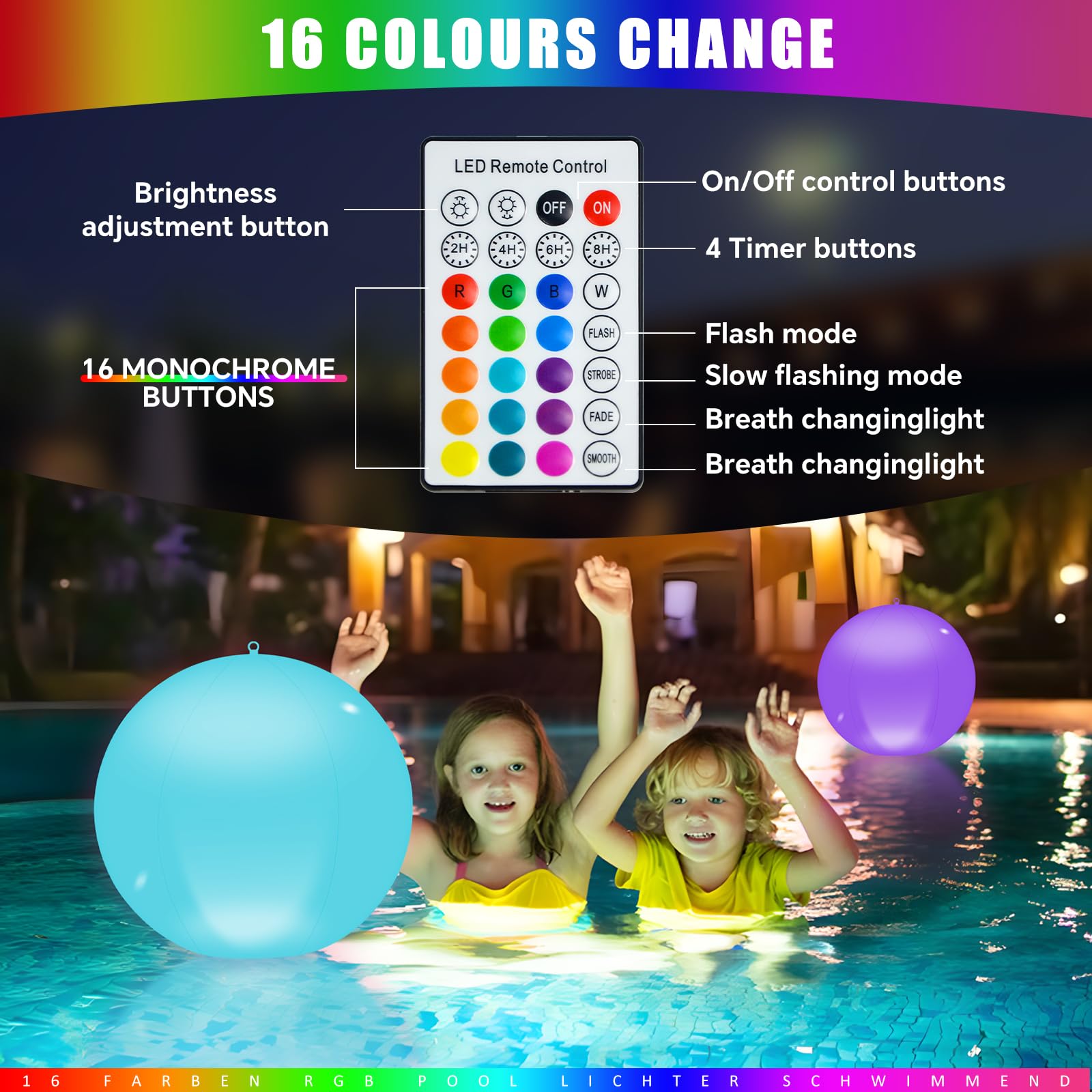 Solari Luci Galleggianti Piscina, 2Pz Solare Lampada Galleggianti Piscina con Telecomando,13.4In 16 RGB Solari Lampada Palle Luminose da Giardino Solari, IP68 Palle Luminose per Piscina Esterno
