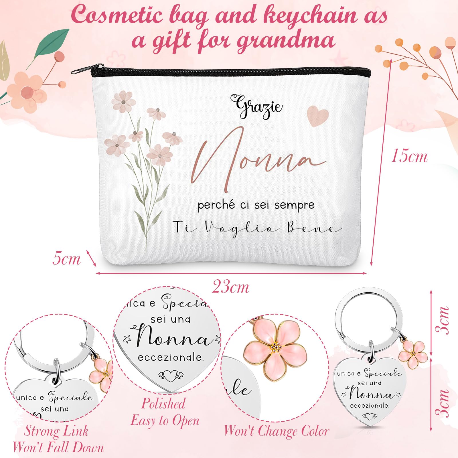 Set Regalo per Nonna Regali di Compleanno Natale Festa Includere 1 Borsa per Cosmetici 1 Custodia per Occhiali 1 Portachiavi con Ciondolo a Forma 1 Biglietti d'Auguri con Busta