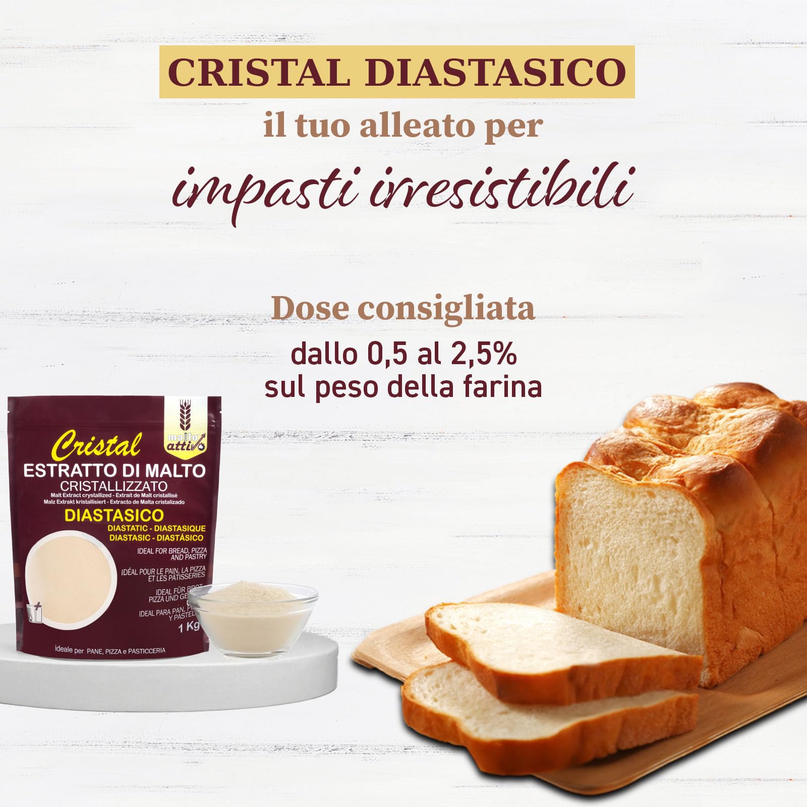 Malto Attivo, Cristal Diastasico 1000g, Estratto di Malto Cristallizzato ad Elevato Potere Diastasico, Malto d’Orzo e Mais Ideale per Panificazione, 5.000 Unità Pollak, Made in Italy.