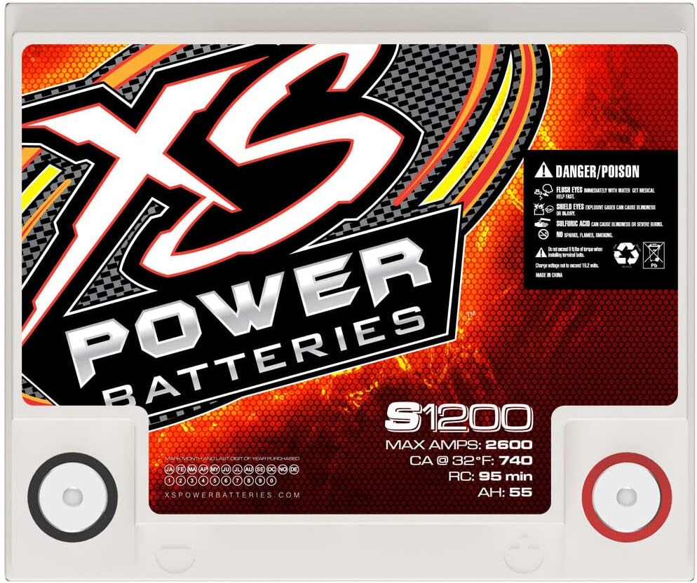 XS Power S1200 2600 Amp AGM Racing Battery with 586 & M6 Terminal Hardware - 12 Volt 55Ah 740CA Deep Cycle AGM Powercell for Performance Race Cars