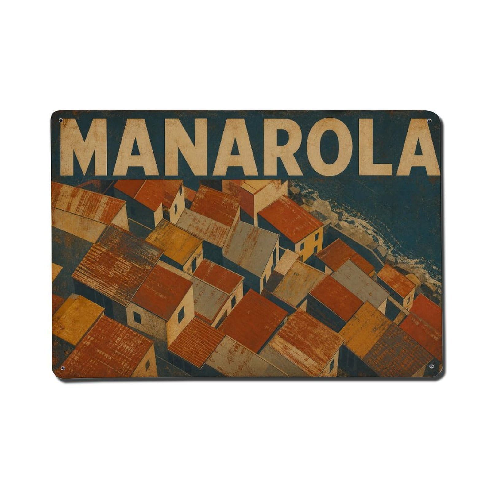 Vintage Travel Manarola Village Roofscape Aerial View Italy Metal Tin Sign