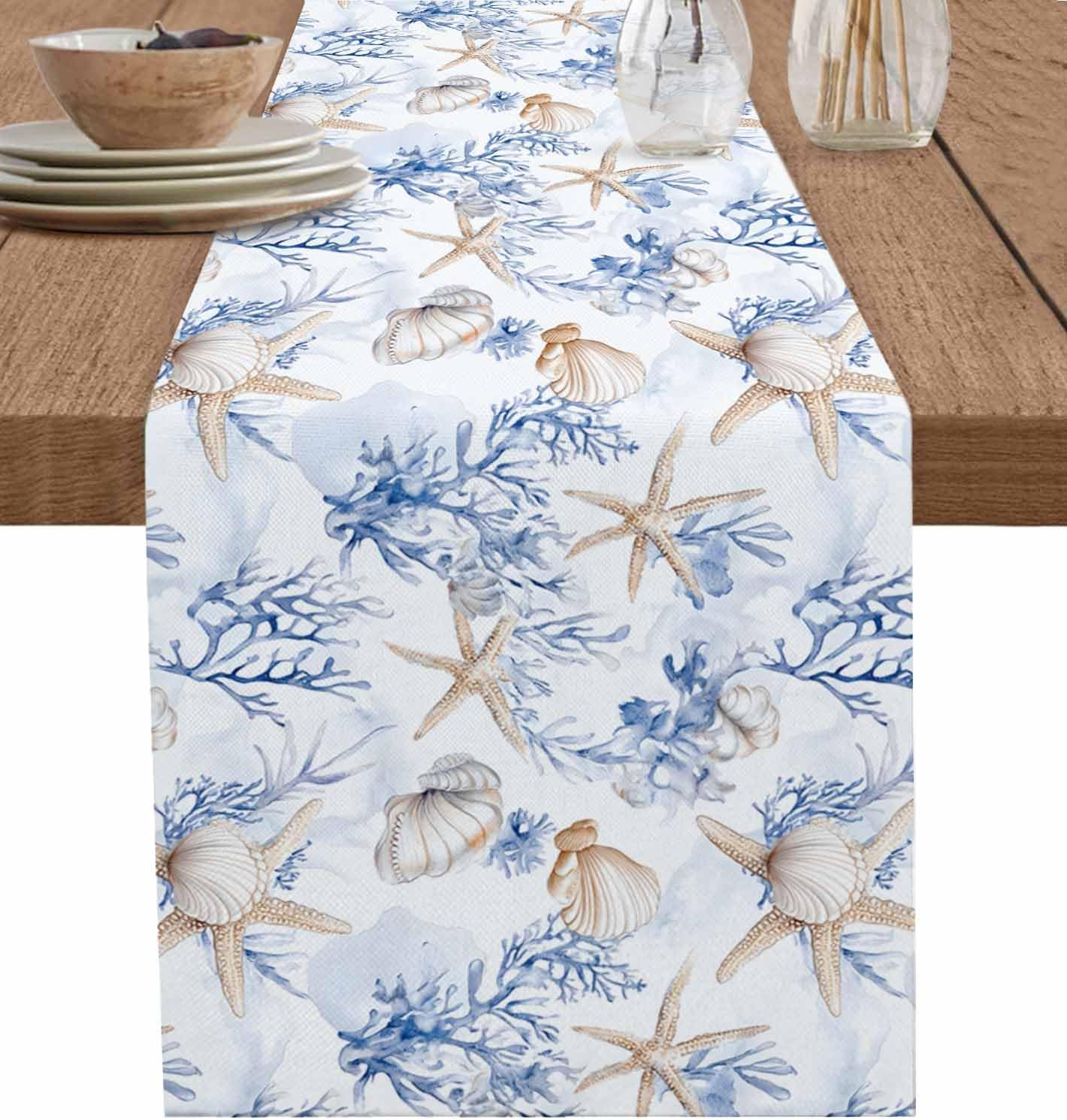 Summer Table Runners 72 Inches Long Ocean Starfish Coral Moder Art Table Runner for Family Dinner/Wedding/Outdoor Indoor Party, Cotton-Polyester Blend Dresser Scarf Table Decorations