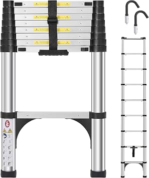 DEZEX Telescoping Ladders 8.5 FT Aluminum Ladder - One-Button Retraction Collapsible Telescopic Ladder with Hooks, Ladders for Home, RV, Attic & Loft, Lasts 330 LBS