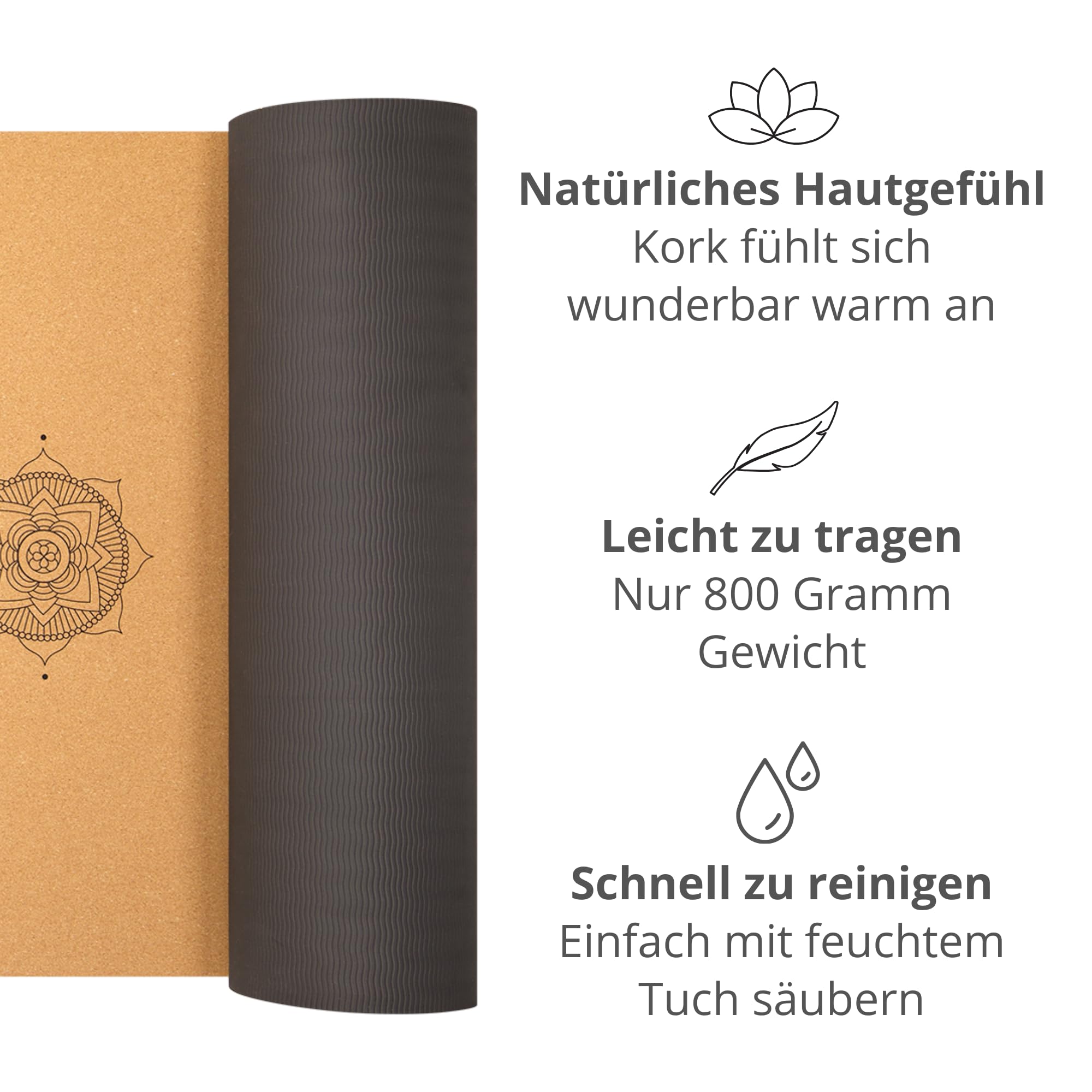 Premium Kork-Yogamatte (4mm dick) - Rutschfeste Fitnessmatte mit Hilfslinien - Pilatesmatte + Yogatasche